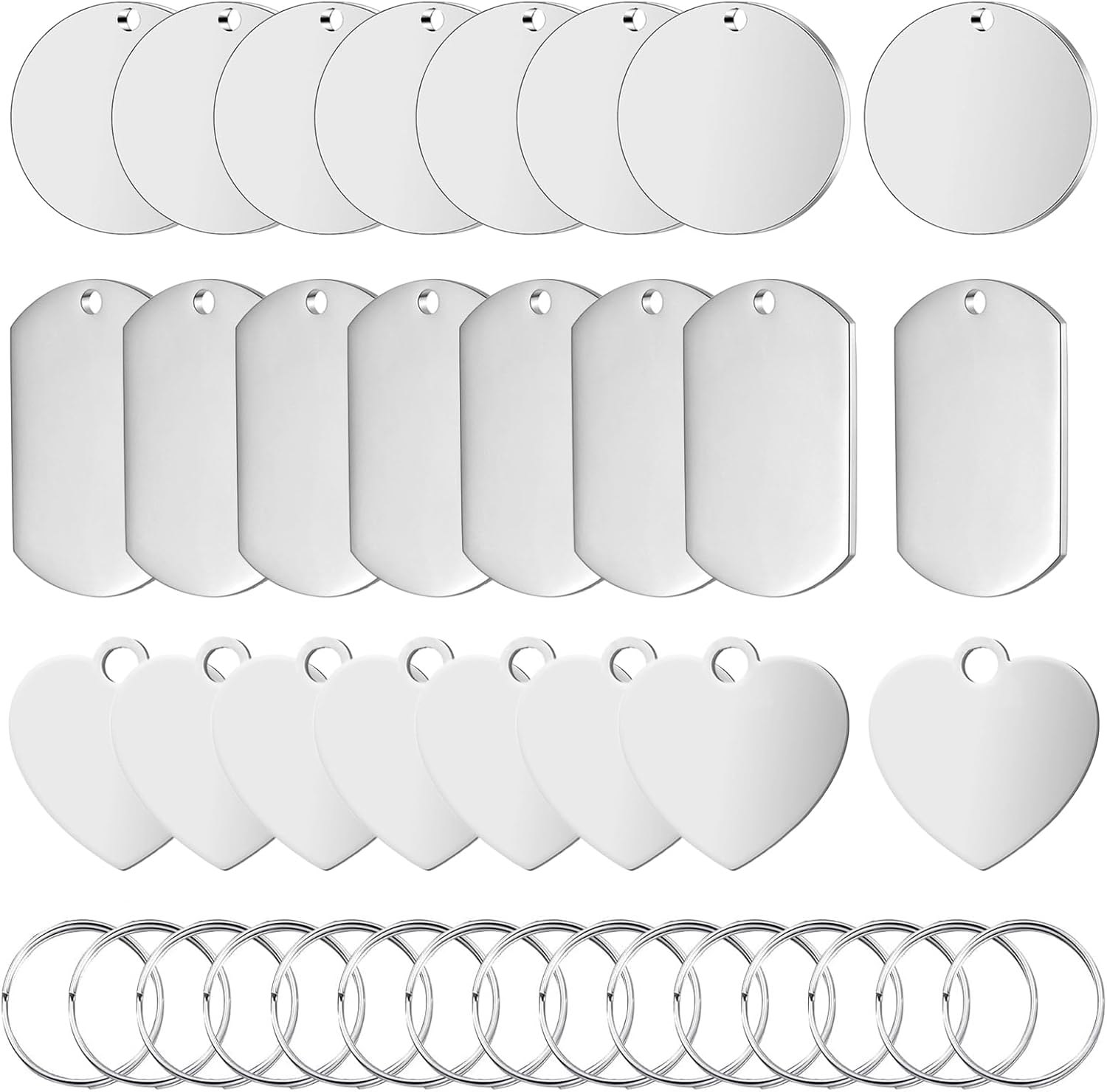 YUDAWN Pack of 24 Stainless Steel Blank Pendants, Key Ring Blanks Dog Tags, Dog Tags, Punching Blanks for Round, Rectangular, Heart-Shaped Charms, Necklace, Bracelets, DIY Making Kit image number 3