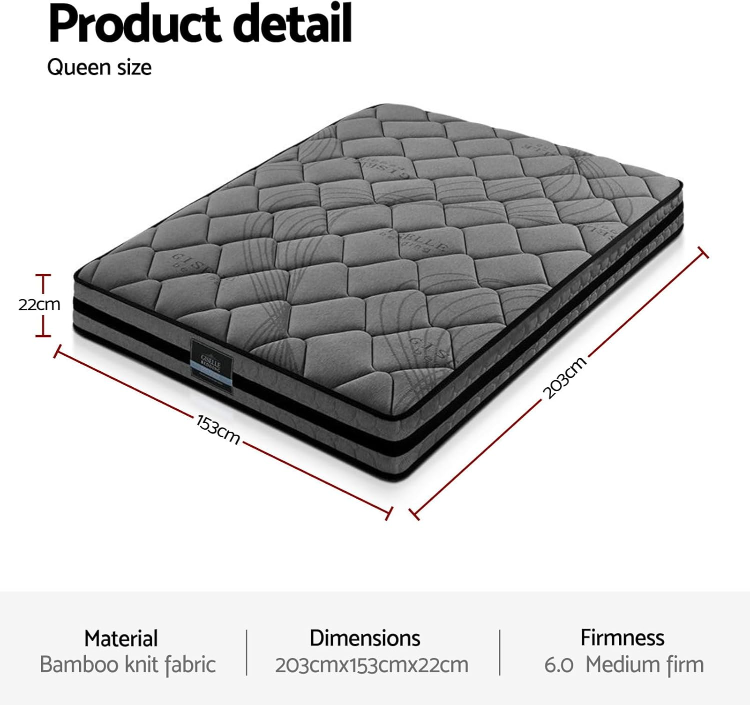 Giselle Bedding Queen Size Mattress,Medium Firm Foam,5-Zone Pocket Spring for Orthopedic Support & Pressure Relief, Breathable Cooling Top, 5Yrs Warranty, Black + Grey with Vacuum Packed image number 6