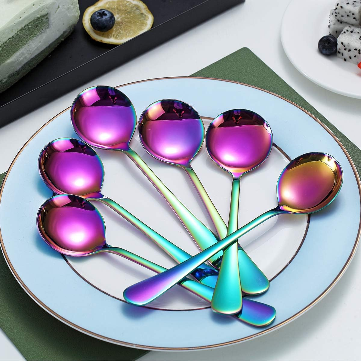Kyraton Rainbow Soup Spoons, 6 Pieces Stainless Steel round Spoons with Rainbow Titanium Plating, Colorful Dinner Spoon Table Spoon, Spoons Silverware Dishwasher Safe Set of 6 image number 2