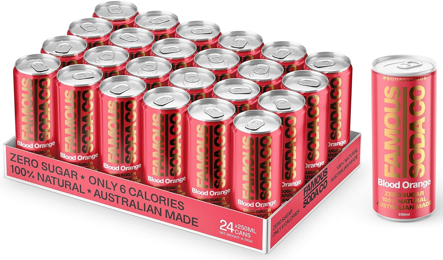 Famous Soda Co Blood Orange 100% Natural 6 Calories Australian Made 24 Cans 250Mls