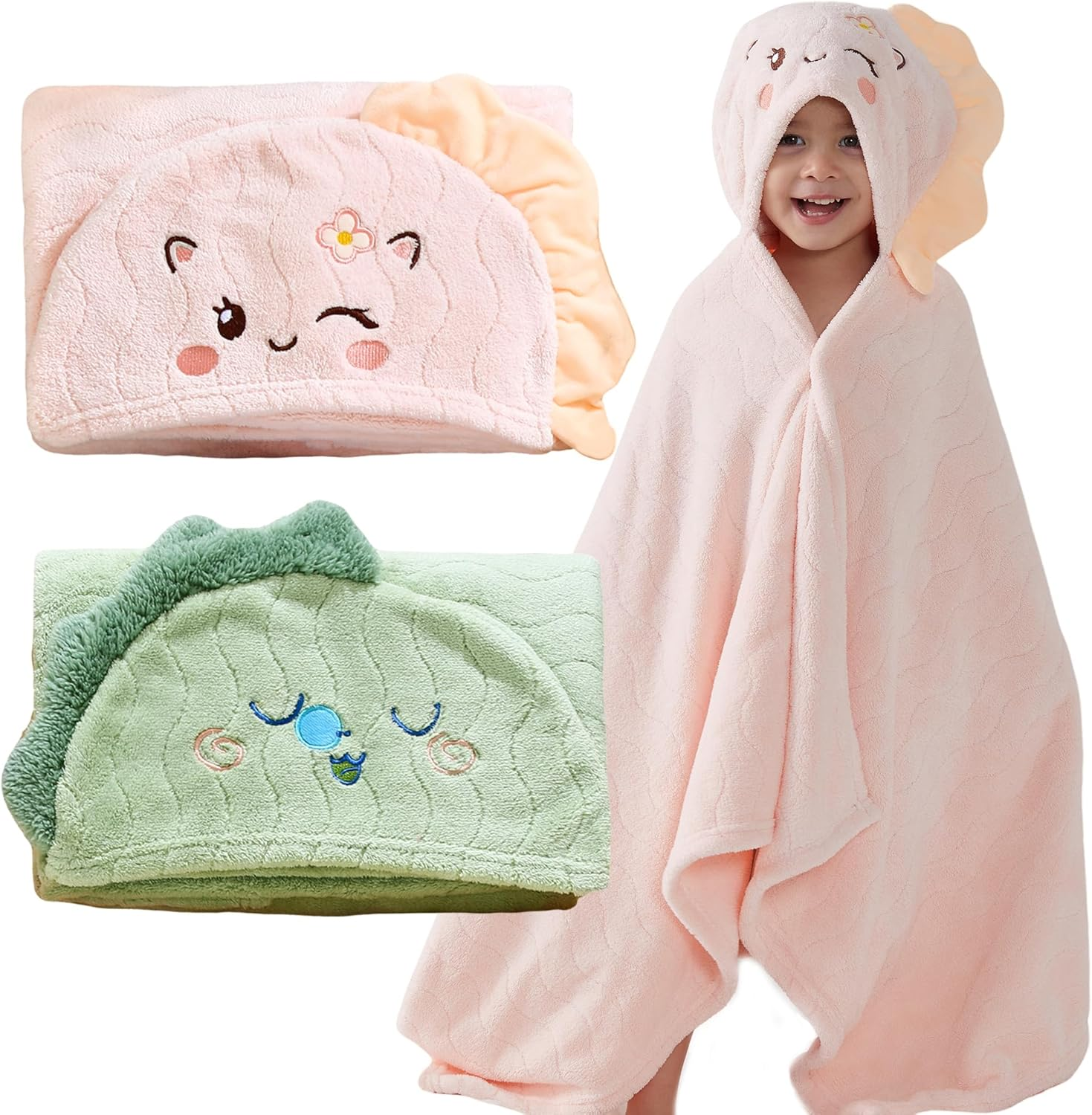 Hooded Towel for Kids, 2 Pack Coral Fleece Kids Bath Towels, Soft and Absorbent Toddler Towels with Hood Age 0-12 Years for Toddler, Infant, Kids - Large 27.5 X 55 Inch (Pink Unicorn & Green Dinosaur) image number 4
