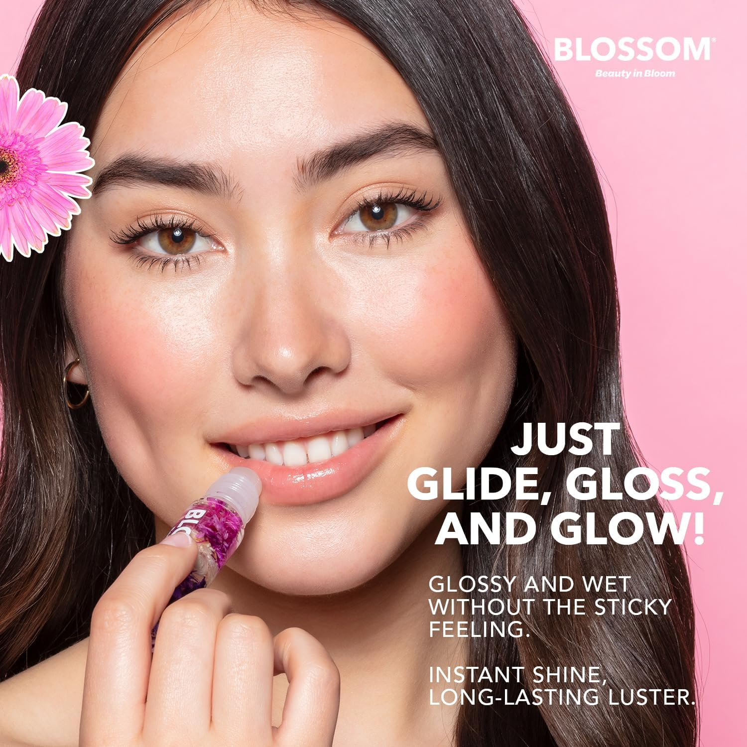 Blossom Roll on Lip Gloss, Scented Clear High Shine Moisturizing Lip Oil, Non Sticky, Infused with Real Flowers, Made in USA, 0.2Oz, Strawberry image number 4