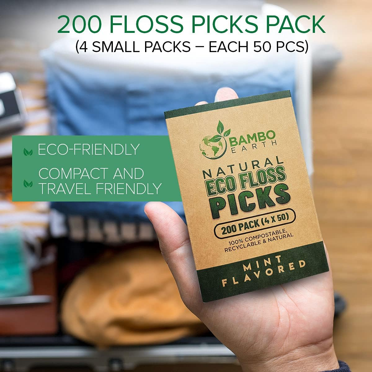 Natural Dental Floss Picks - Eco Friendly Cruelty Free & Vegan Tooth Flossers Pick Set with BPA Free Handle & Zero Waste Packaging - 200 Pack (Mint Flavored) image number 2