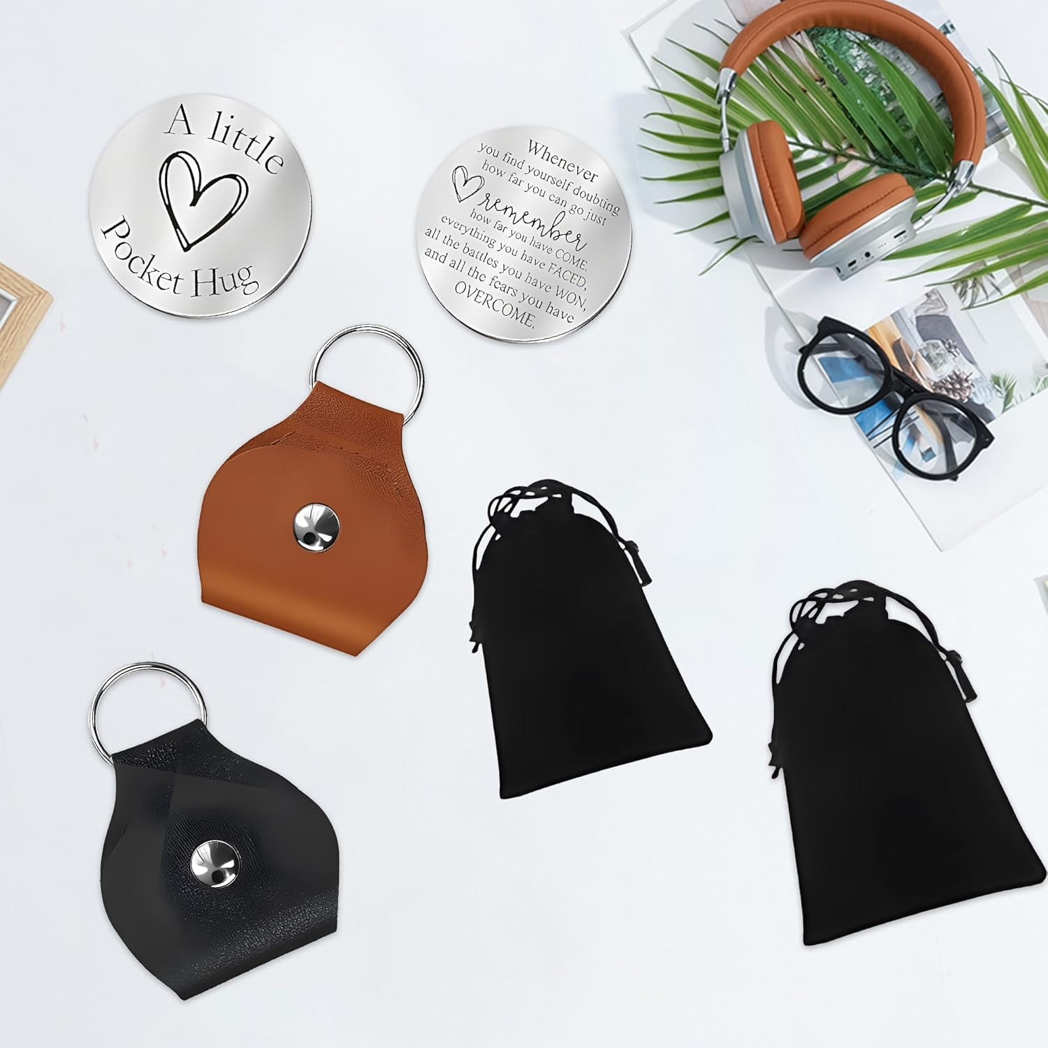 2Pcs Pocket Hug Token Keychain with 2 Gift Bags - PU Leather Gift, Thoughtful Present for Mum, Dad, Sister, Friend, Inspirational Christmas Birthday Keepsake image number 1