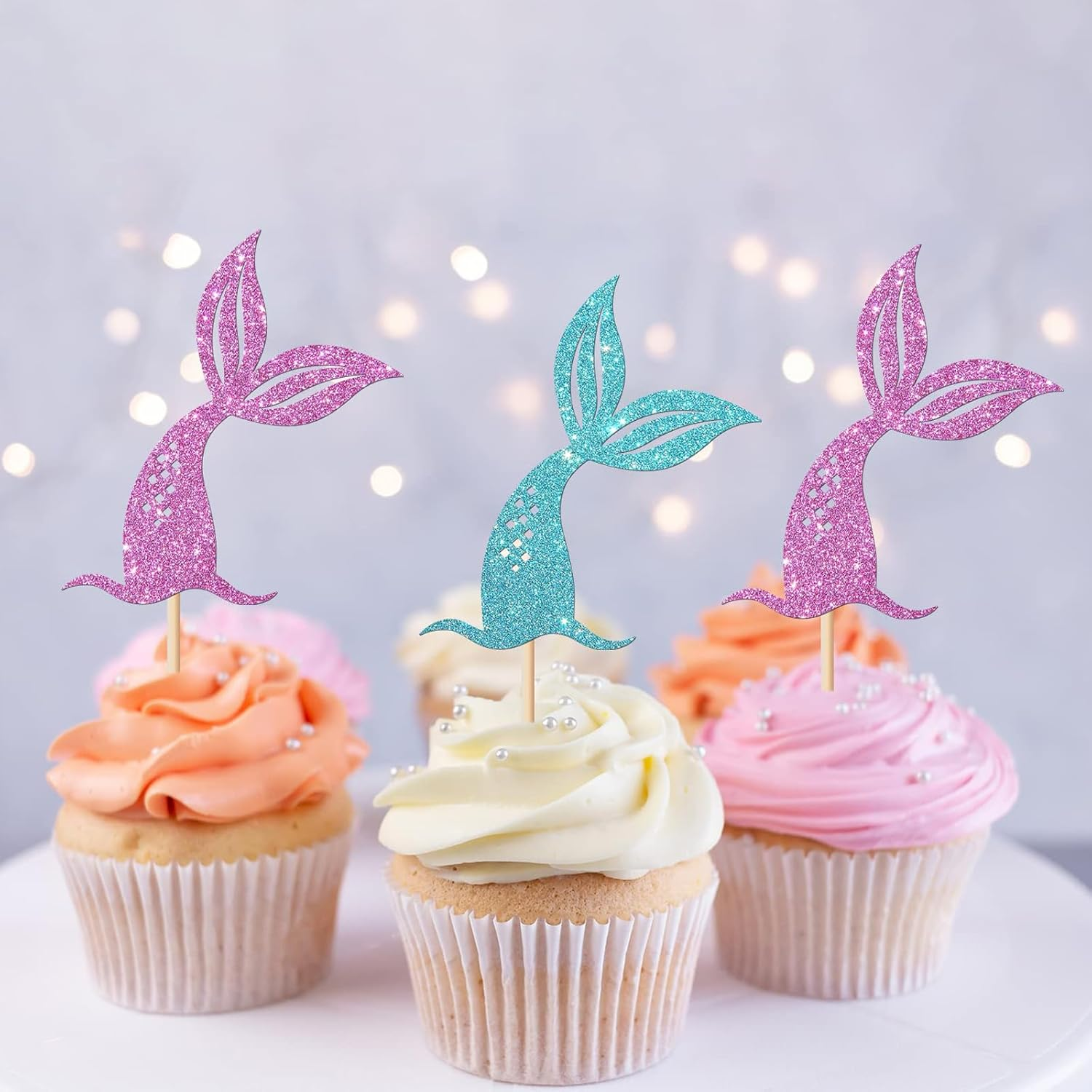24Pcs Mermaid Tails Cupcake Toppers Glitter Pink & Blue Mermaid Tails Cupcake Picks Baby Shower Kids Birthday Mermaid Themed Party Cake Decorations Supplies image number 1