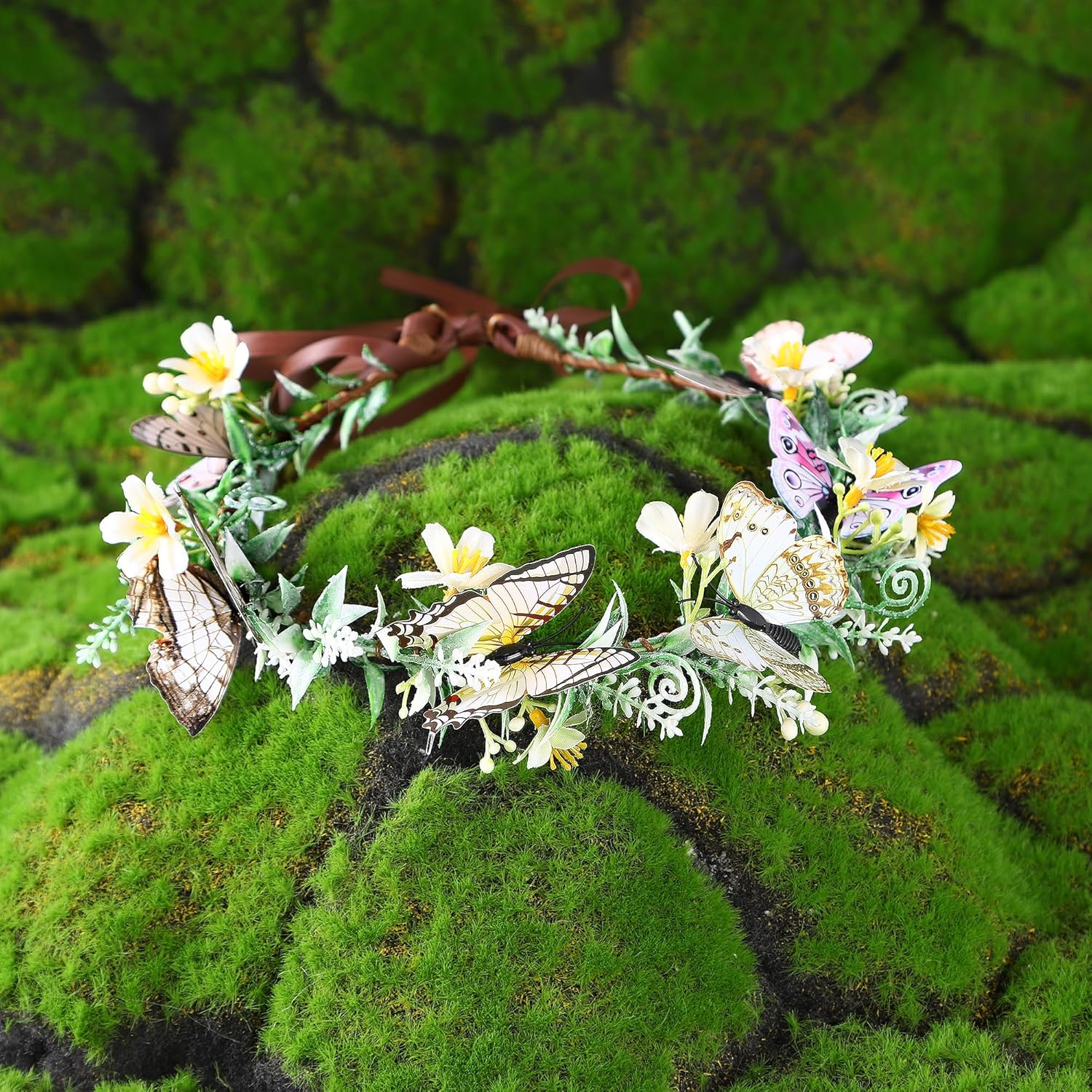 MOSTORY Butterfly Flower Crown for Women, Woodland Fairy Crown Floral Circlet for Renaissance Halloween Cosplay image number 5