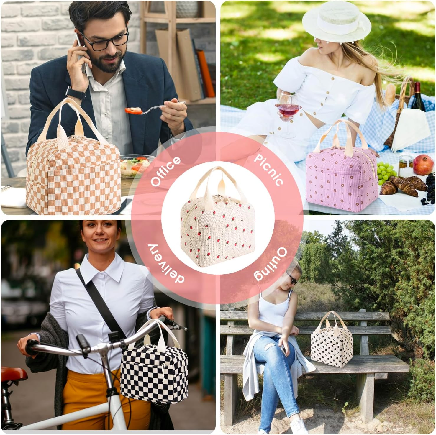 Insulated Lunch Bag for Kids & Adults, Reusable Corduroy Lunch Box Tote Bags, Leakproof Cooler Bag for Work Office Picnic School Travel BBQ, Large Capacity & Cute Design (Beige Strawberry) - Beige Strawberry image number 6