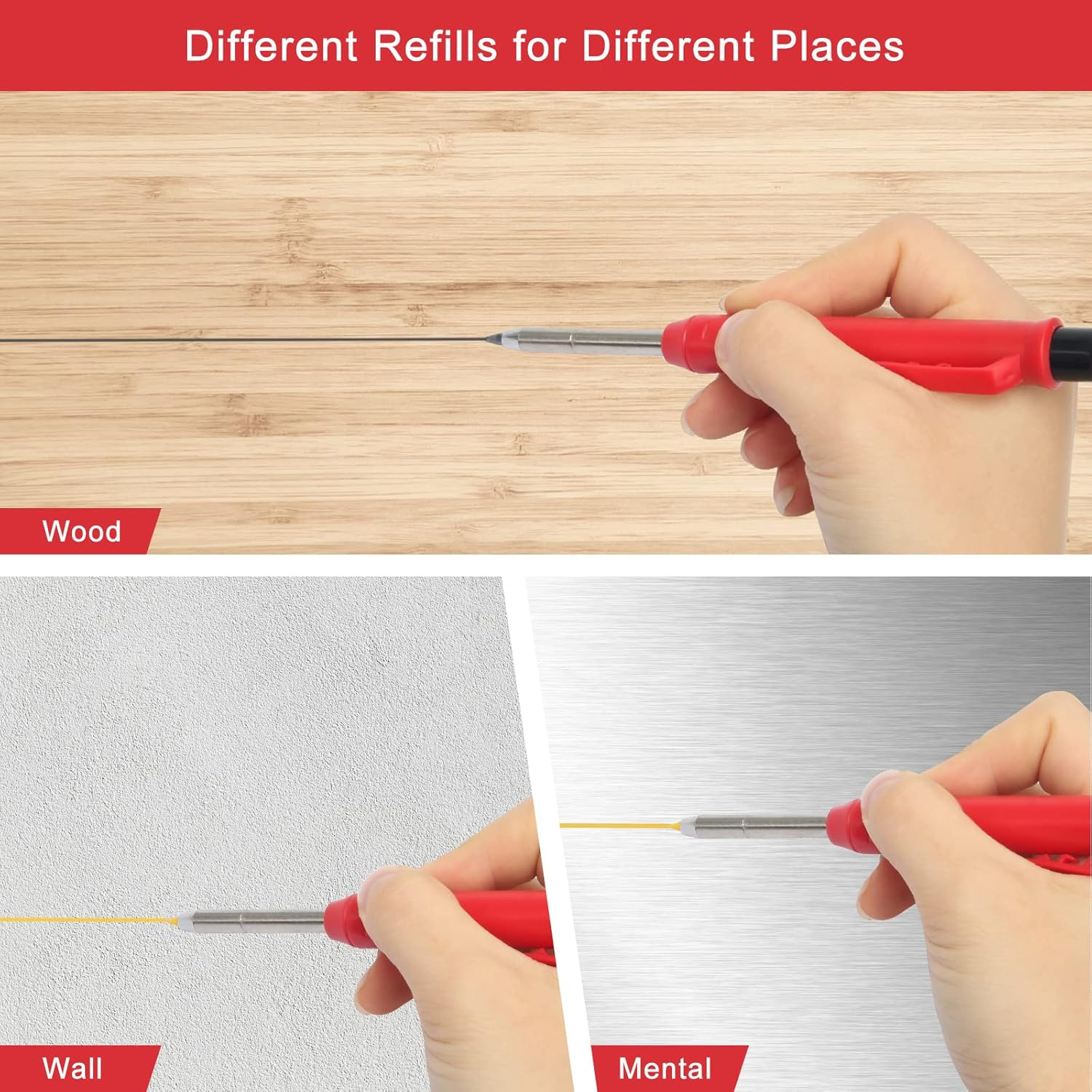 Coolrunner 1Pcs Carpenter Pencils, Mechanical Construction Pencil with Built-In Sharpener Long Nose Deep Hole Woodworking Pencils with 1 Boxes of Spare Refills Perfect for Deep Hole Marking (Red) image number 2