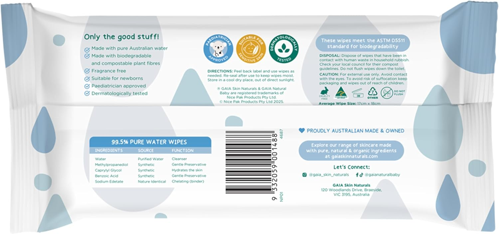 GAIA Natural Baby 99.5% Pure Water Wipes | Pure Australian Water | Paediatrician Approved | Dermatogically Tested | Suitable for Sensitive Skin | Suitable for Newborns | Australian Made | 8X70Pk image number 4