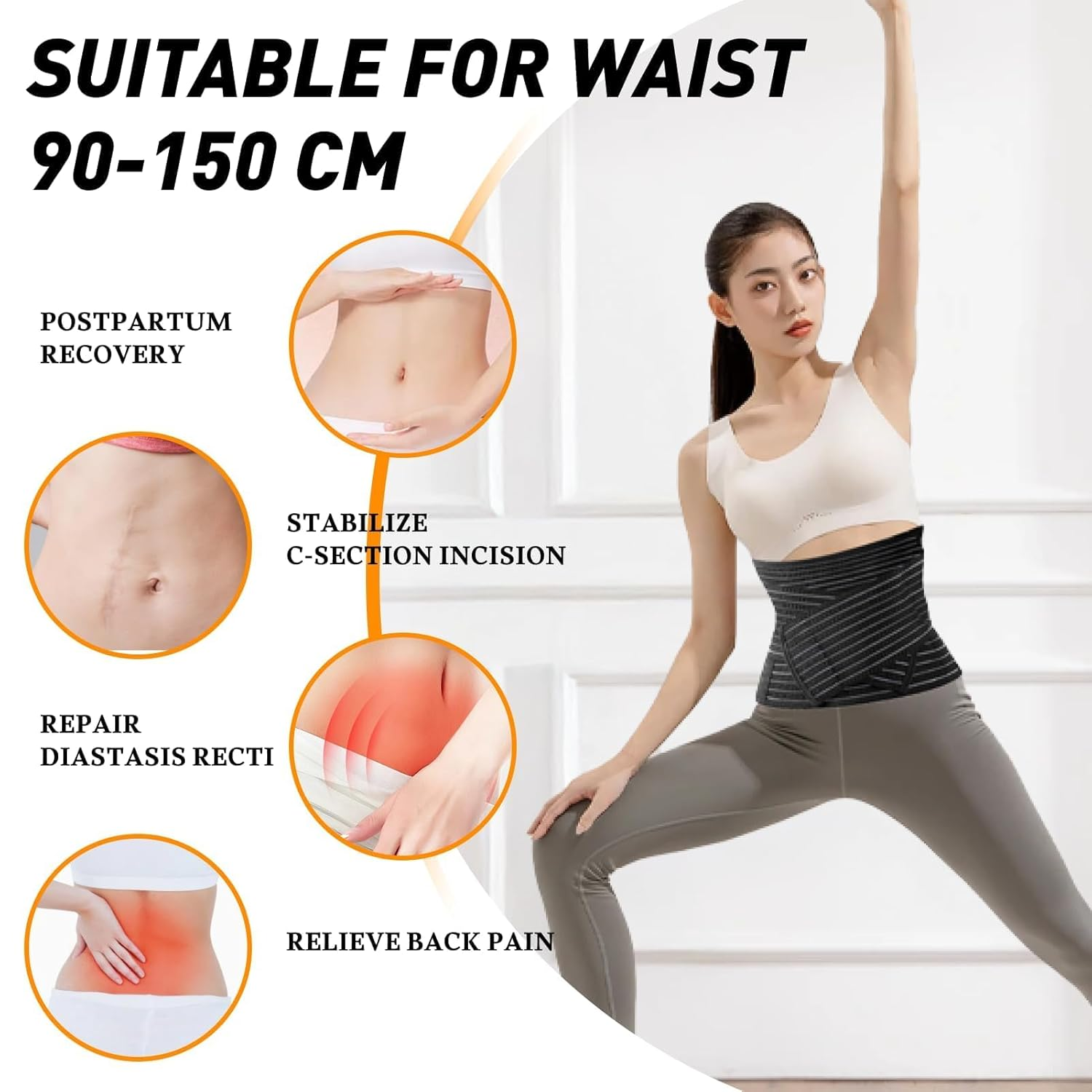 Medical Postpartum Belly Band C Section Recovery Abdominal Binder, Adjustable Waist Pelvis Girdle for Diastasis Recti and Back Pain Relief, Post Surgery Support Black,General image number 2