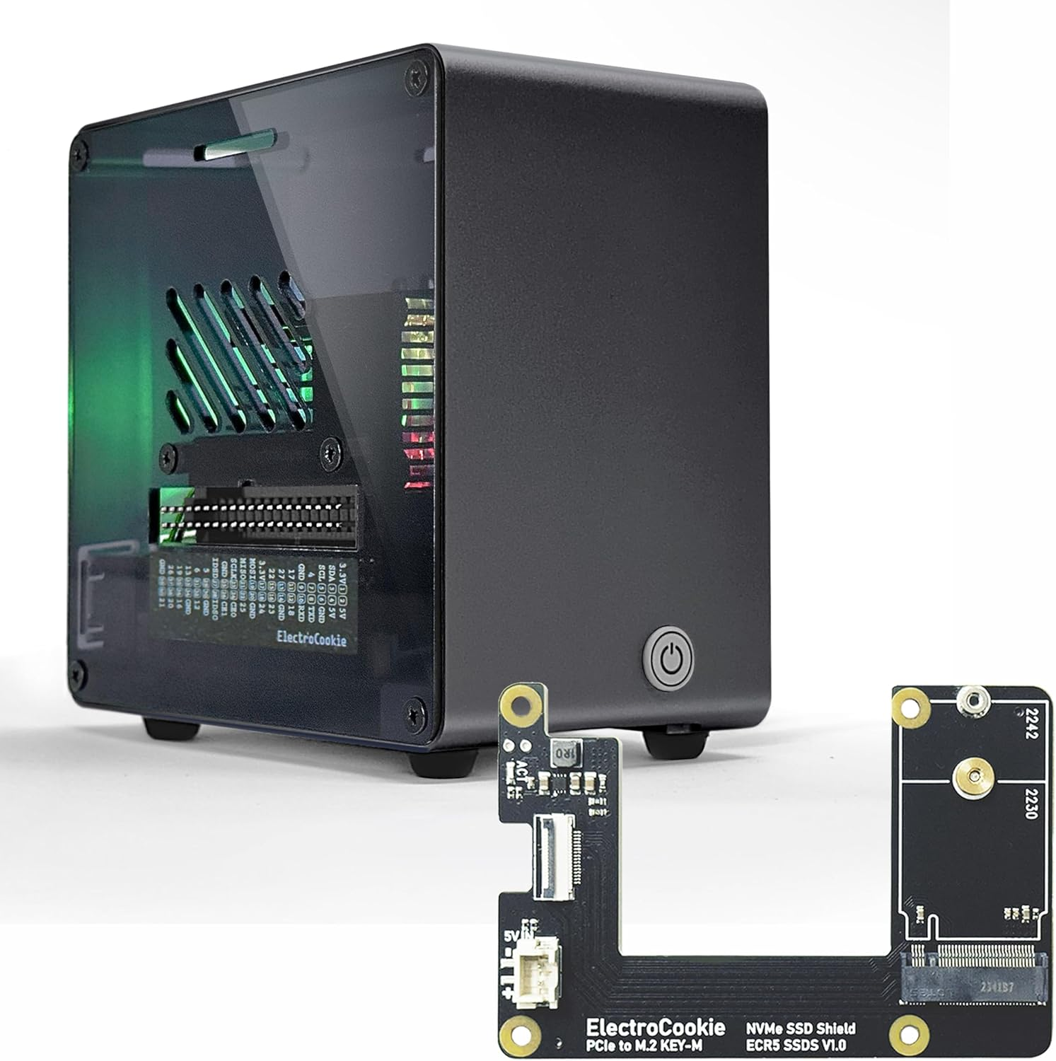 Electrocookie Raspberry Pi 5 Case, Aluminum Mini Tower Case with M.2 Nvme SSD Pcie HAT and Active RGB Lighting Cooler (Silver)