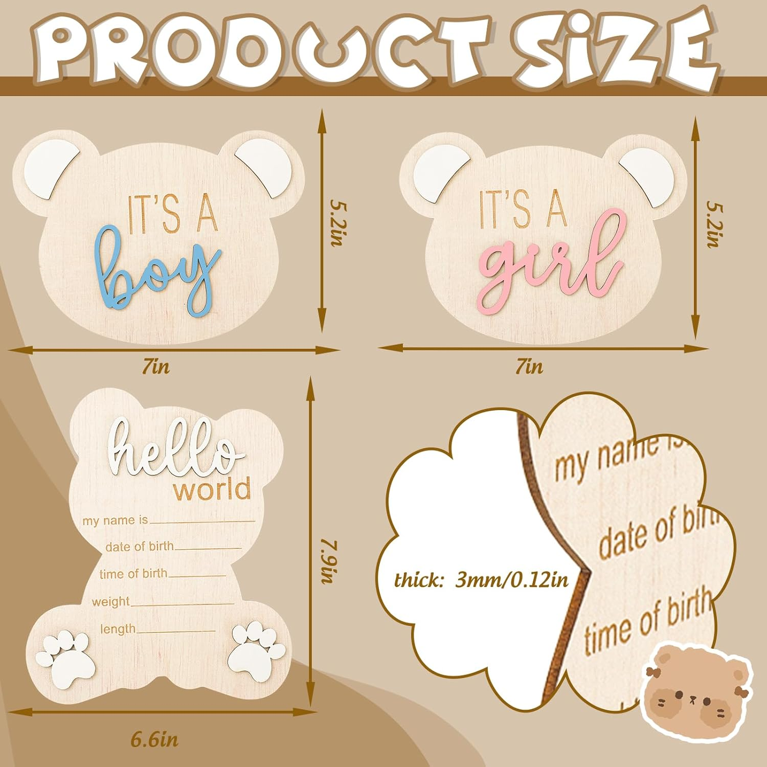 FYSUIMU 3Pcs Gender Reveal Sign for Baby Birth It' S a Boy Girl Bear Shaped Announcement Signs Wooden Hello World Newborn Welcome Sign for Baby Shower Photo Prop Keepsake image number 6