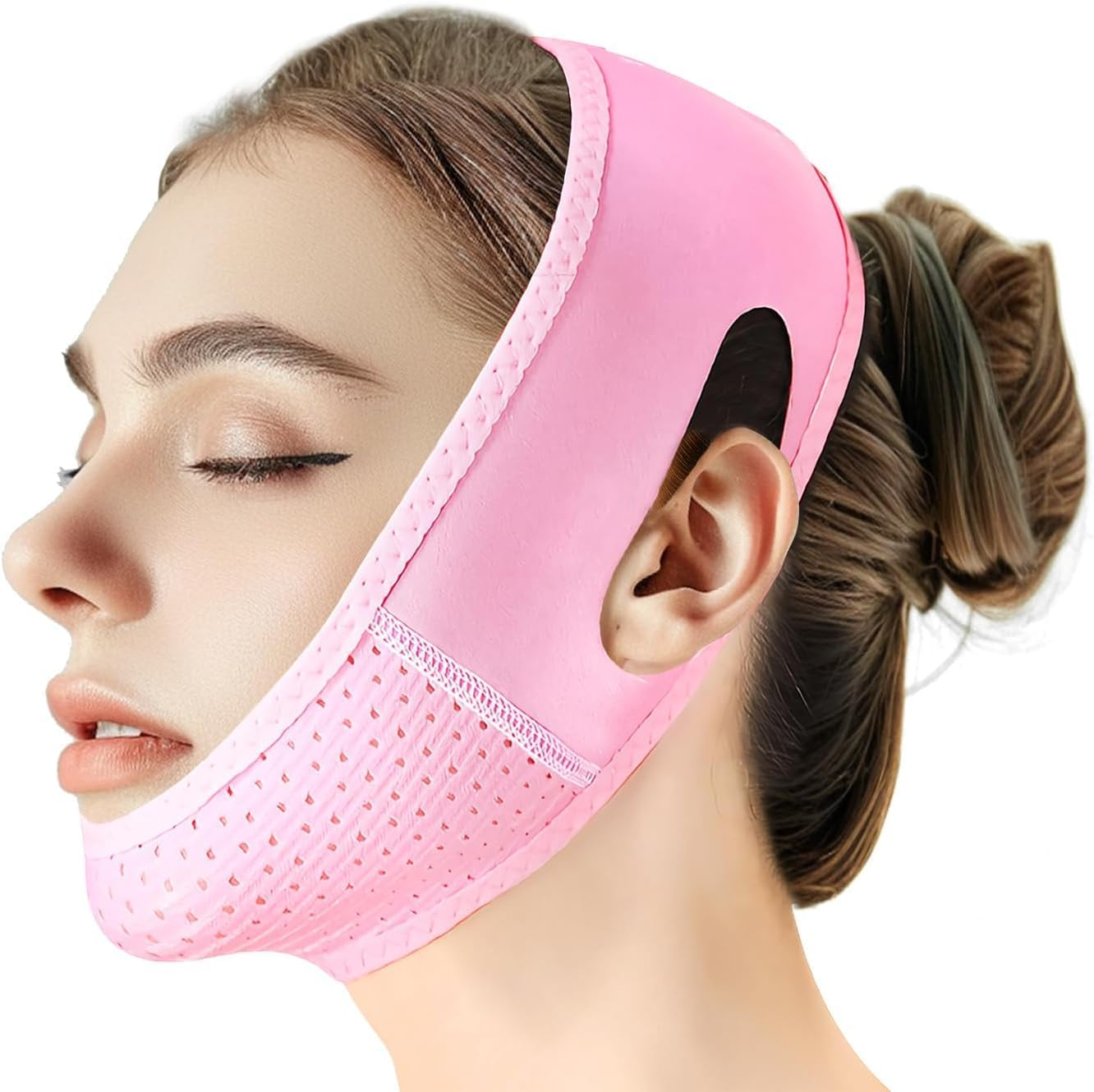 Reusable V Line Lifting Mask with Chin Strap, V Shaped Face Mask for Sagging, Jaw Exerciser (Pink)