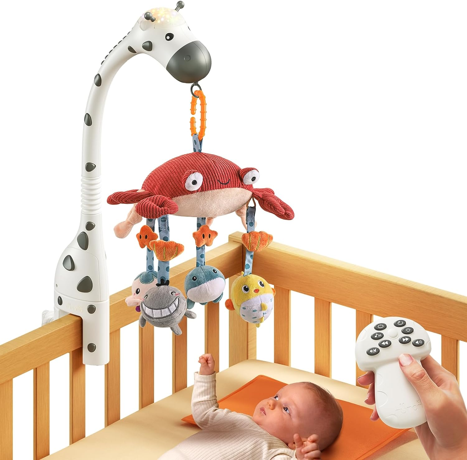 Tumama Baby Musical Cot Crib Mobile Remote Control with Mirror Soft Animals Hanging Toys Lights Lullaby Rotating Projector Sleeping,Piano,Natural Music,Auto Off,Mute Spin Motor Infant Newborn Gift image number 2