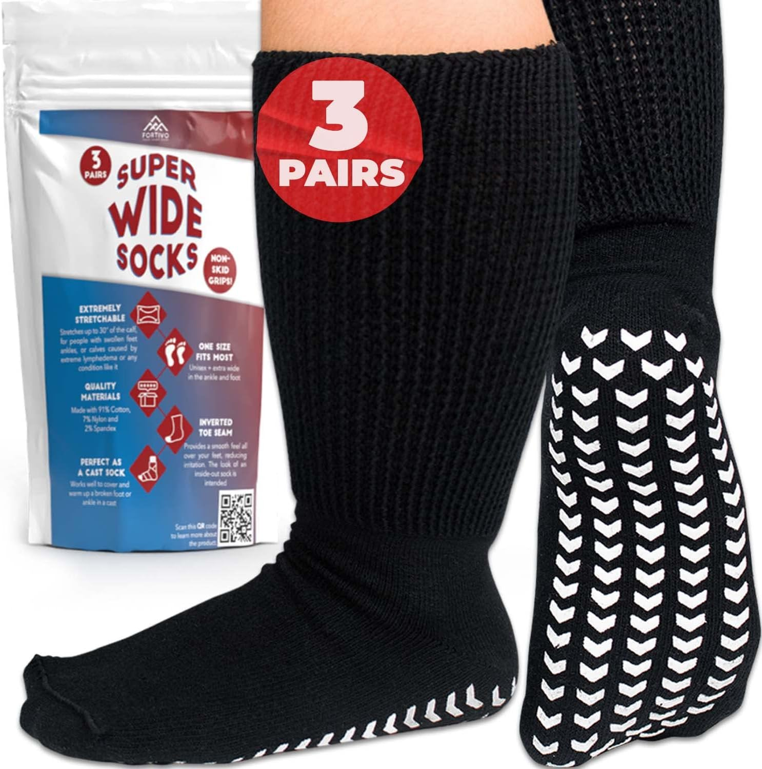 FORTIVO 3 Pairs Extra Wide Socks for Swollen Feet, Diabetic Socks for Men, Non Slip Socks, Diabetic Socks, Hospital Socks image number 1