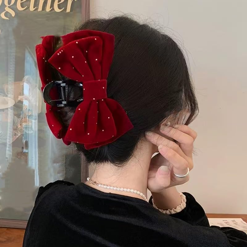 Large Bow Hair Claw Clip for Girls Velvet Red Hair Bows with Rhinestones Big Claw Clips for Thick Long Hair Bowknot Hair Accessories for Women Party Prom Jaw Clips Nonslip Hair Clamp for Styling image number 2