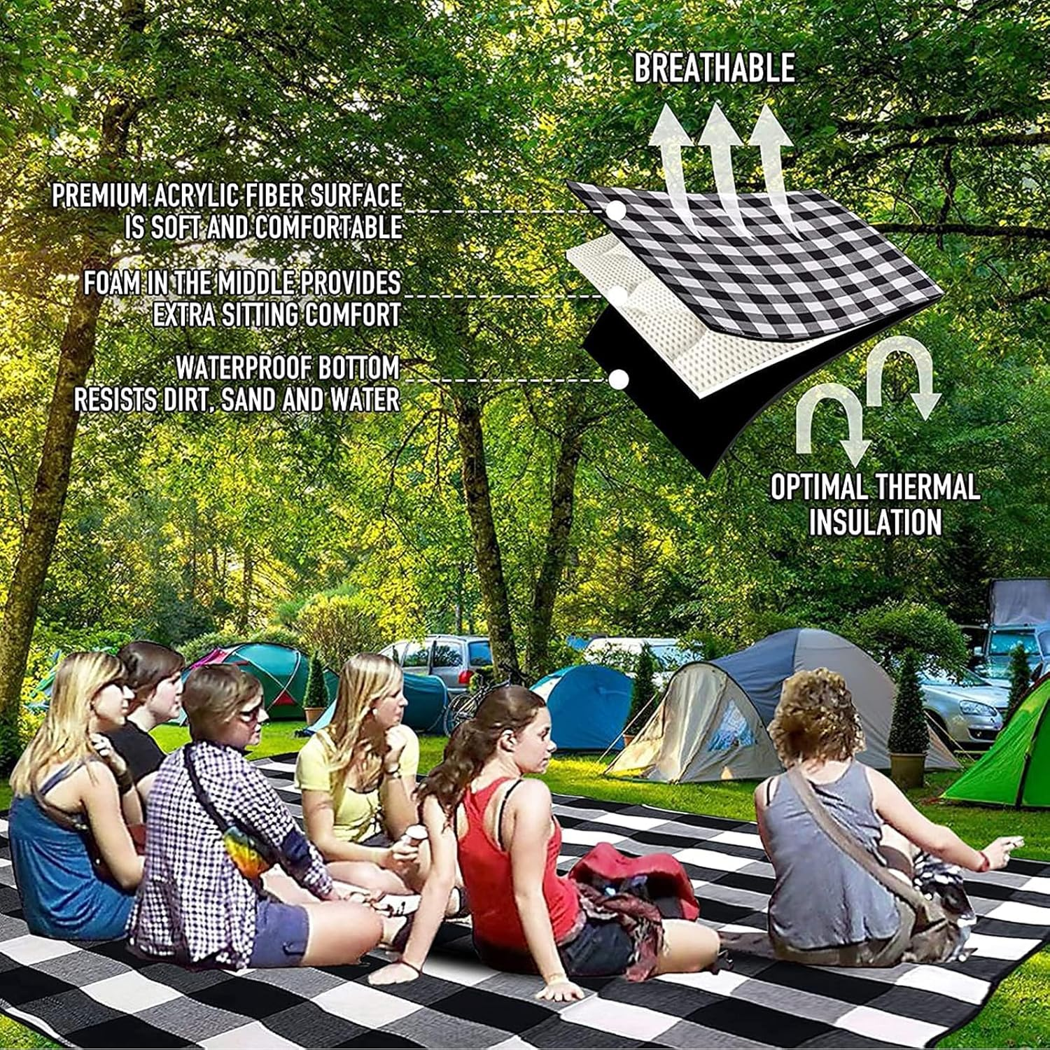 Picnic Blanket, Foldable Camping Blanket, Large Outdoor Waterproof and Sandproof Beach Blanket, for Family Vacation, Camping, Hiking, Outdoors, Park, Beach, Grass (Black)