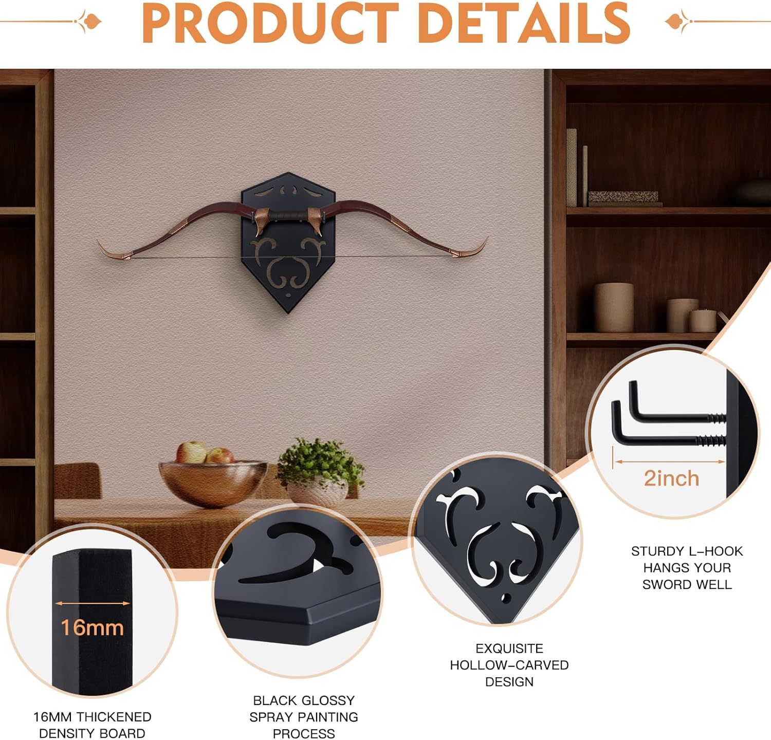 GAHEUNBB Sword Wall Mount Vertical Display Rack with Hollow-Carved Design Wall Holder for Medieval Swords Bows Axes & Props, Black image number 3