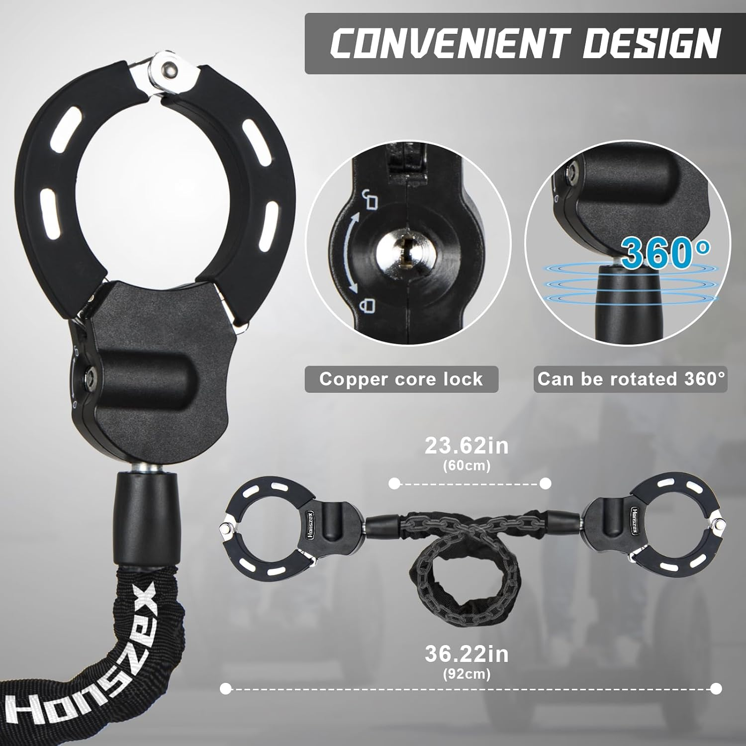 Honszex E Scooter Lock, Black, Handcuff Lock with Key, High Security, Rubber Lock Sleeve, 60Cm Chain, Portable Hanging Bag image number 2