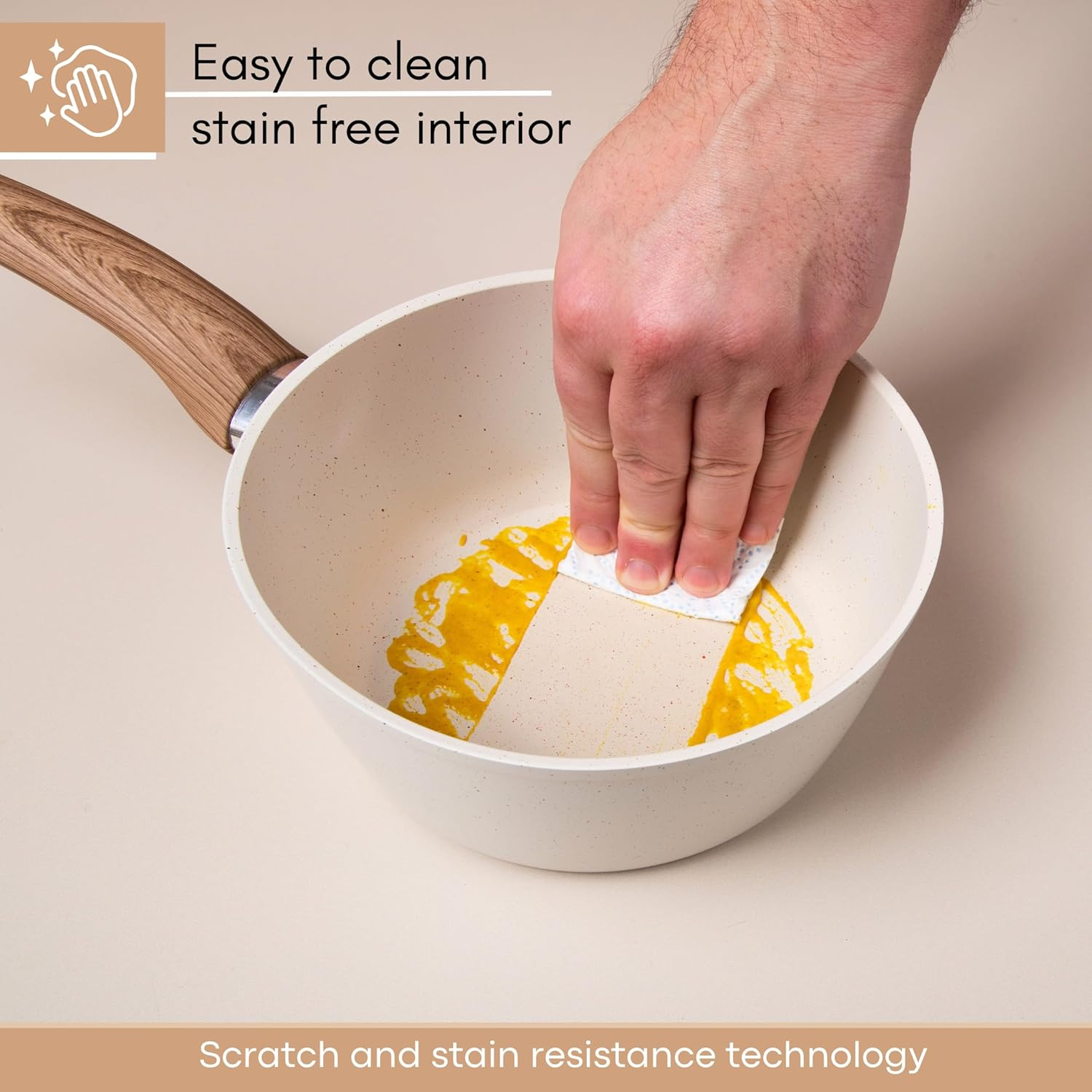 Non Stick Saucepan Set &ndash; Induction Saucepan with Lid &ndash; 3Pcs Cream Granite Sauce Pan &ndash; 16Cm, 18Cm, 20Cm Saucepot Set &ndash; by Nuovva