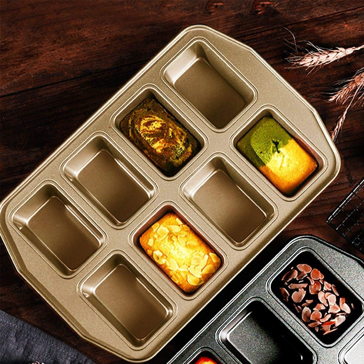Mini Loaf Pan 8-Cavity Carbon Steel Bakeware Non-Stick Bread Baking Tray One-Piece Design (Golden) - Golden image number 2