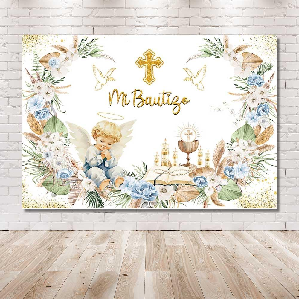 MEHOFOND 2.1 X 1.5 M Boy Christening Decoration Background Mi Bautigo Cross Bohemian Flower Photography Background First Communion Church Christening Party Decoration Banner Studio Supplies image number 6