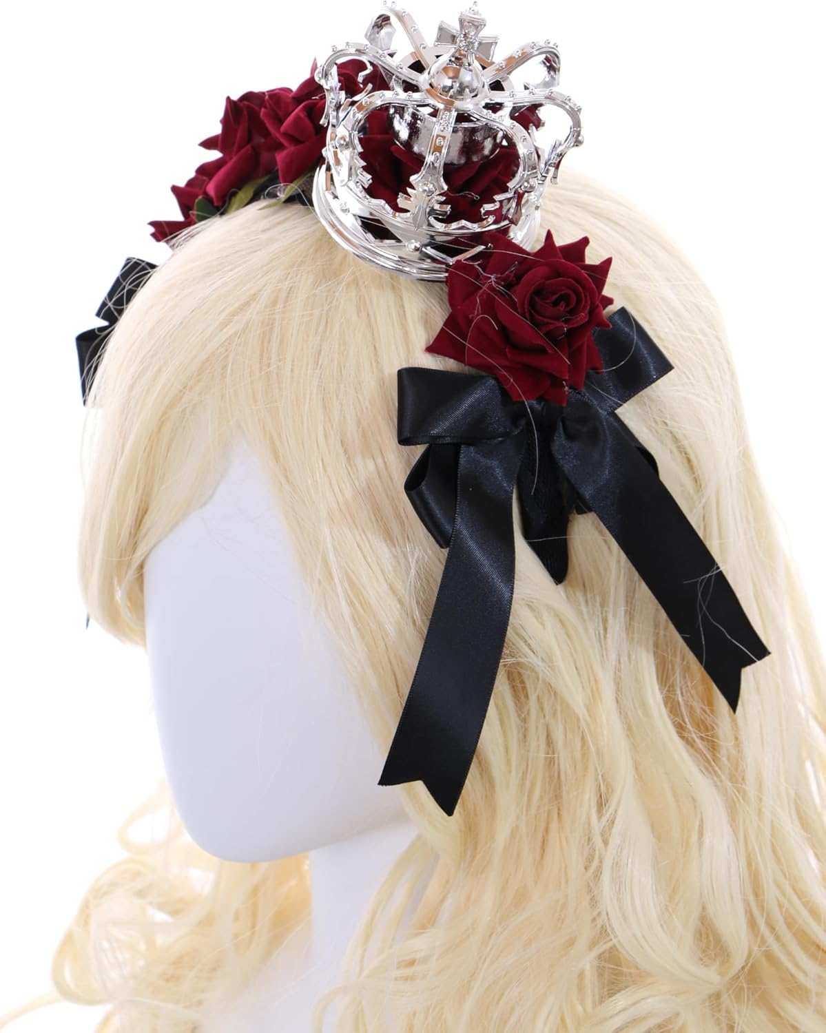 C-104-1 Silver Crown with Roses Red Lace Bow Ruffle Gothic Lolita Headband Party Celebration Hair Accessories Head Accessory image number 1