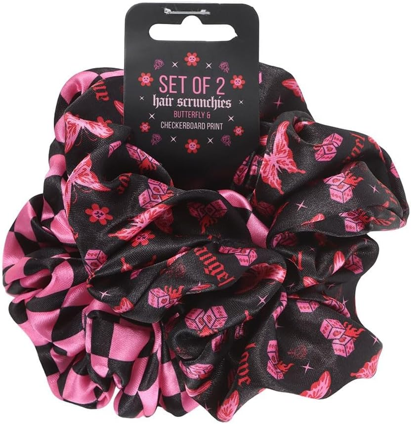 Rebel Butterfly and Checkerboard Hair Scrunchies Set, Black and Pink Polyester, 2 Pack image number 1