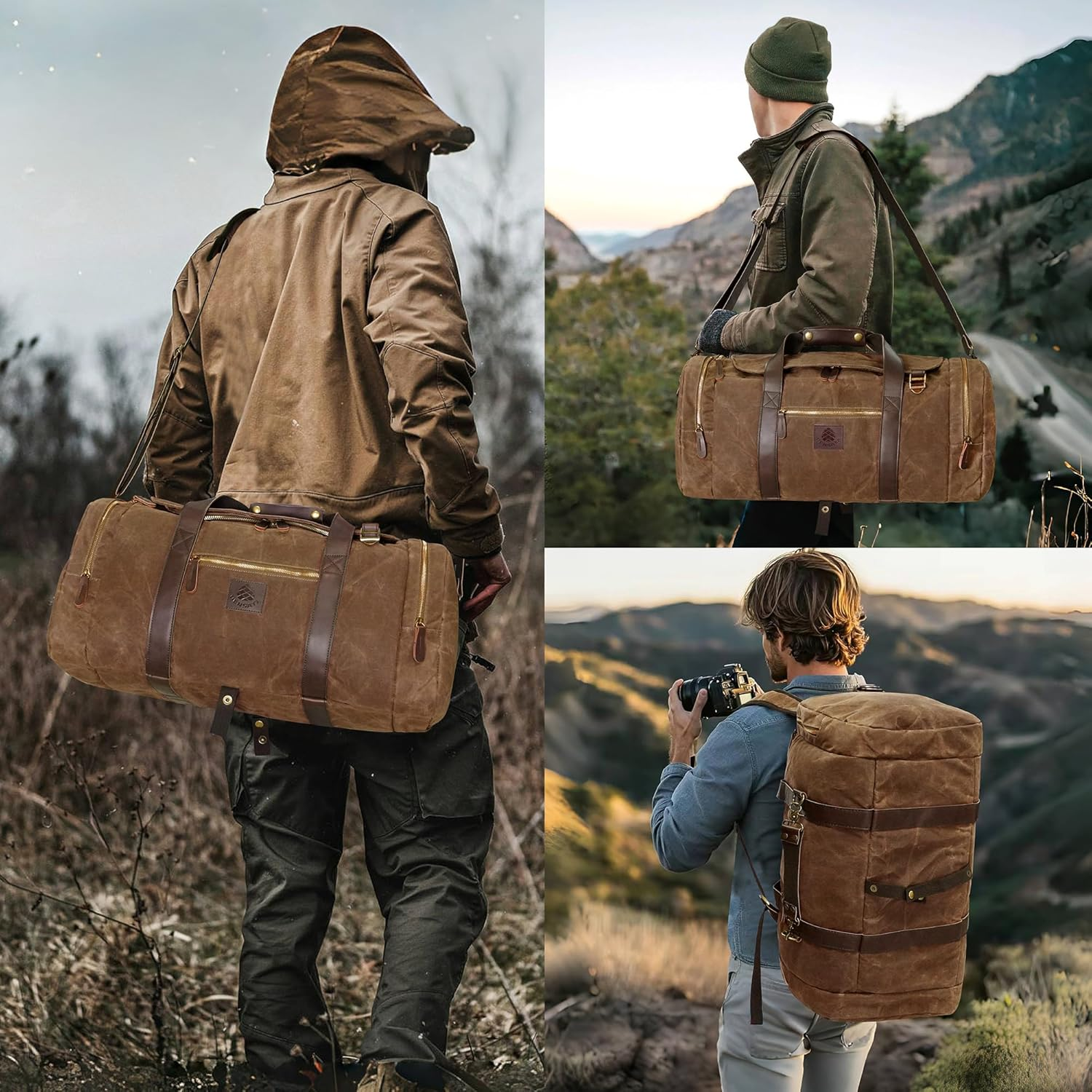 Densata Travel Bags for Men, Nomad Canvas Duffle Bag Vintage Genuine Leather Travel Duffel Bag Multifunctional Weekender Overnight Backpack with Shoes Compartment, Vintage Dark Brown, Large-50L image number 6