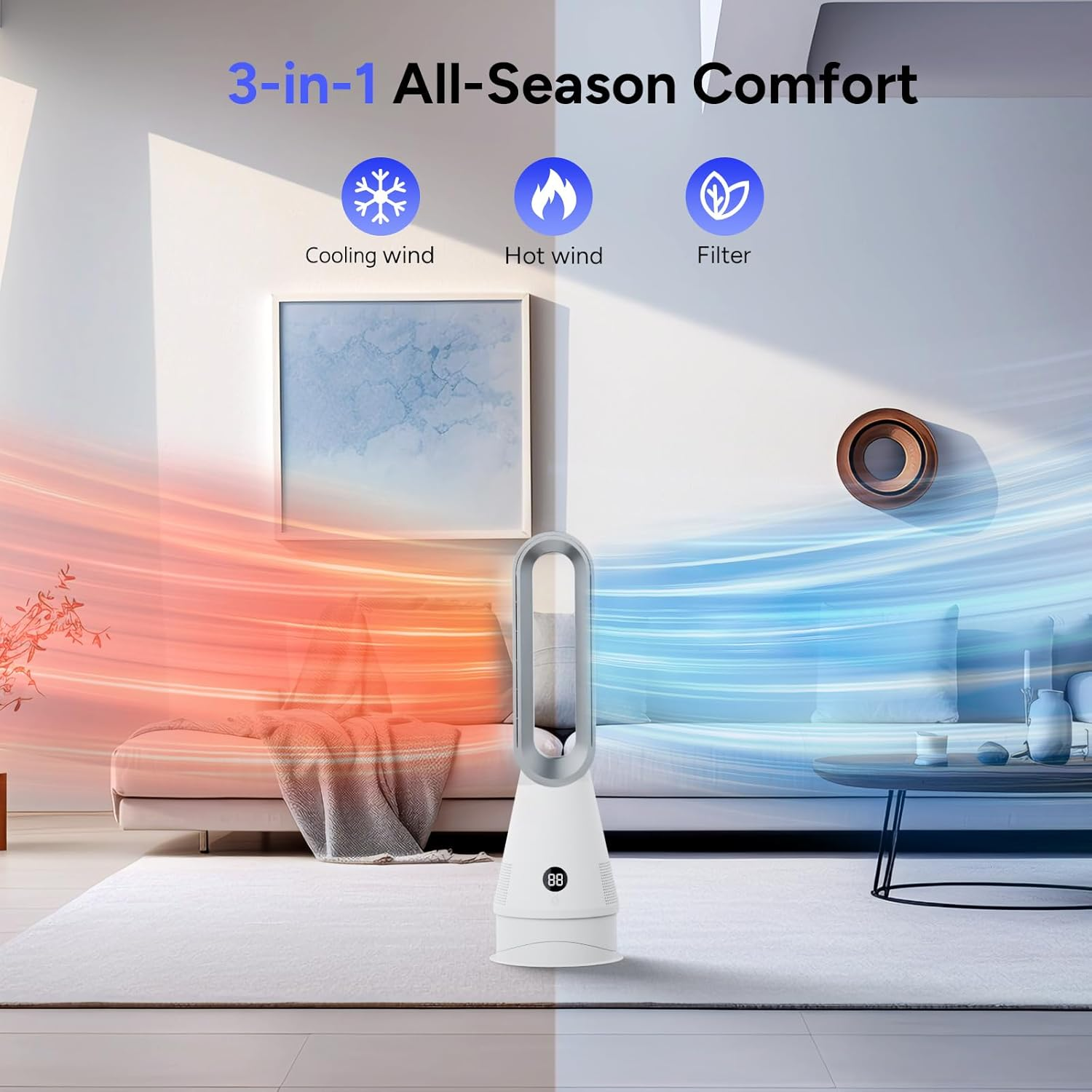 Bladeless Heater Fan, 25Inch Heating & Cooling & Filter Combo Tower Fan 80&deg; Oscillating, 9H Timer, 8 Speeds, Portable Quiet for Indoor, Bedroom, Home Office Room image number 2