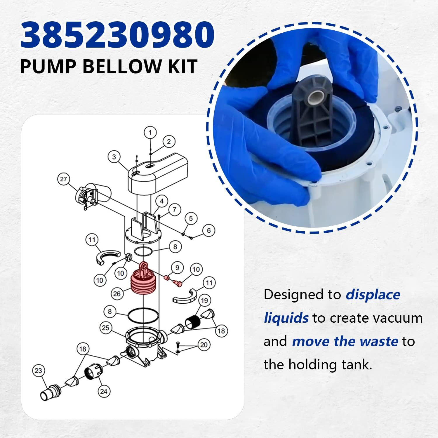 385230980 Pump Bellow Kit Toilet Pump Bellows S/T Pump Kit Fit for Dometic/Sealand VG & VHT Series, Vacuflush S Series, J Series Vacuum Pump & T Series Discharge Pump, Including Bushing and Bolt image number 3