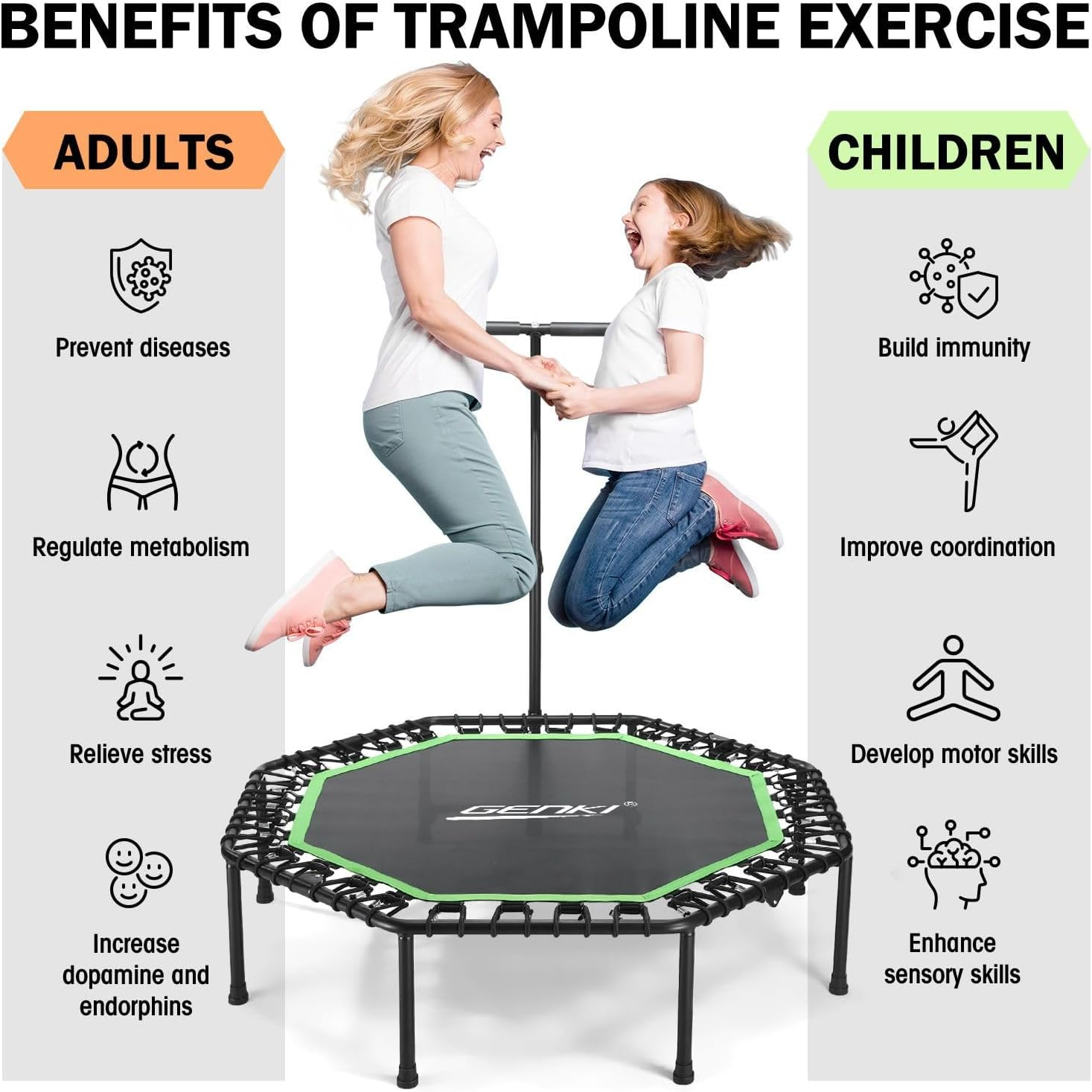 Genki Trampoline Bounce Rebounder Jumping Rebounding Home Fitness Gym Bungee Exercise Equipment Indoor Outdoor round Adjustable Handlebar - T-Shaped-48Inch image number 4