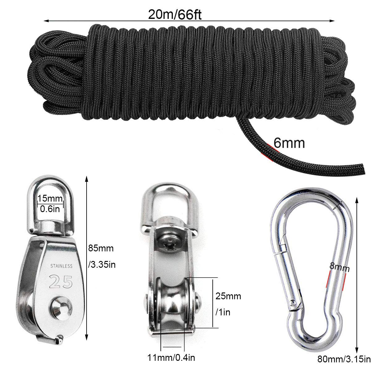 Tootaci 2Pcs M25 Crane Pulley Block,Heavy Duty Pully System for Lifting,304 Stainless Steel Swivel Hook Single Pulley Block with 20M(6Mm) Nylon Pulley Rope & 2Pcs Carabiner Snap Hook image number 1