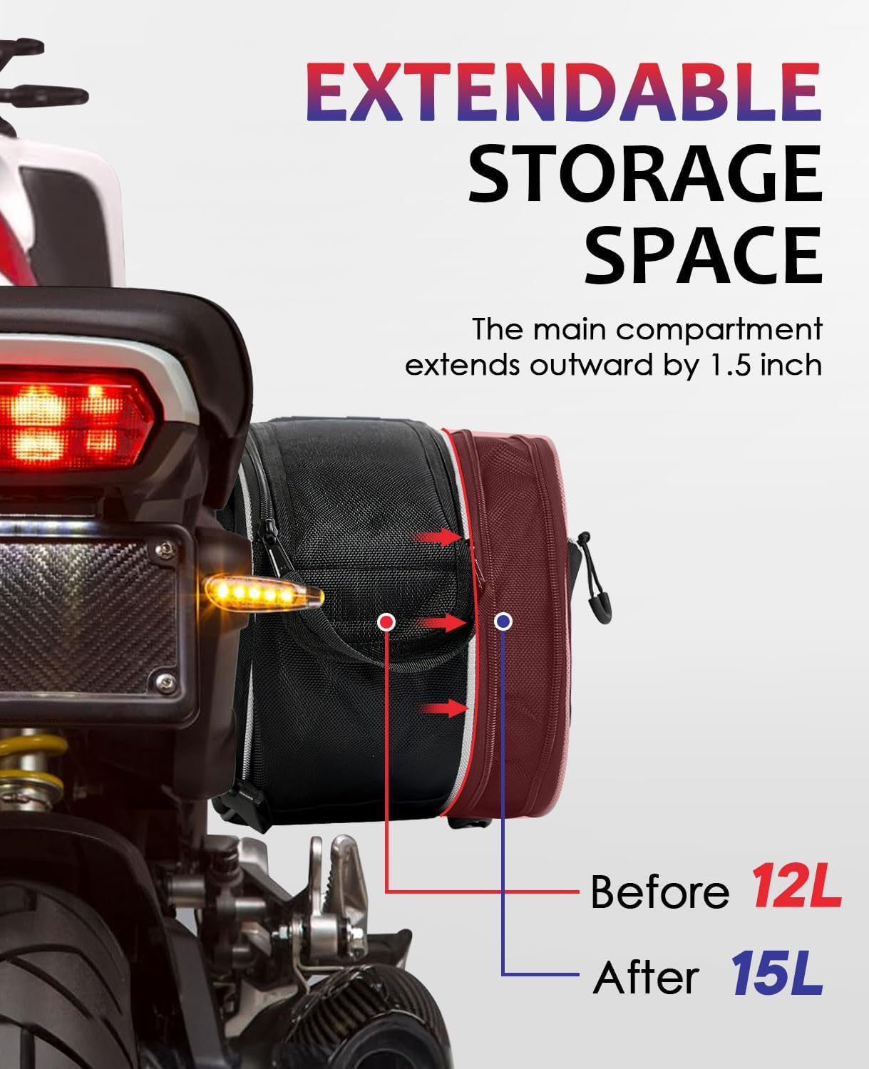 Motorcycle Saddlebags Extendable Motorcycle Saddle Bags Side Bags 30L (15L*2) Waterproof Storage Bag for 2022 2023 2024 2025 Grom Navi Z125 Rebel TW200 Ruckus Minimoto Dirt Bike Dual Sport image number 2