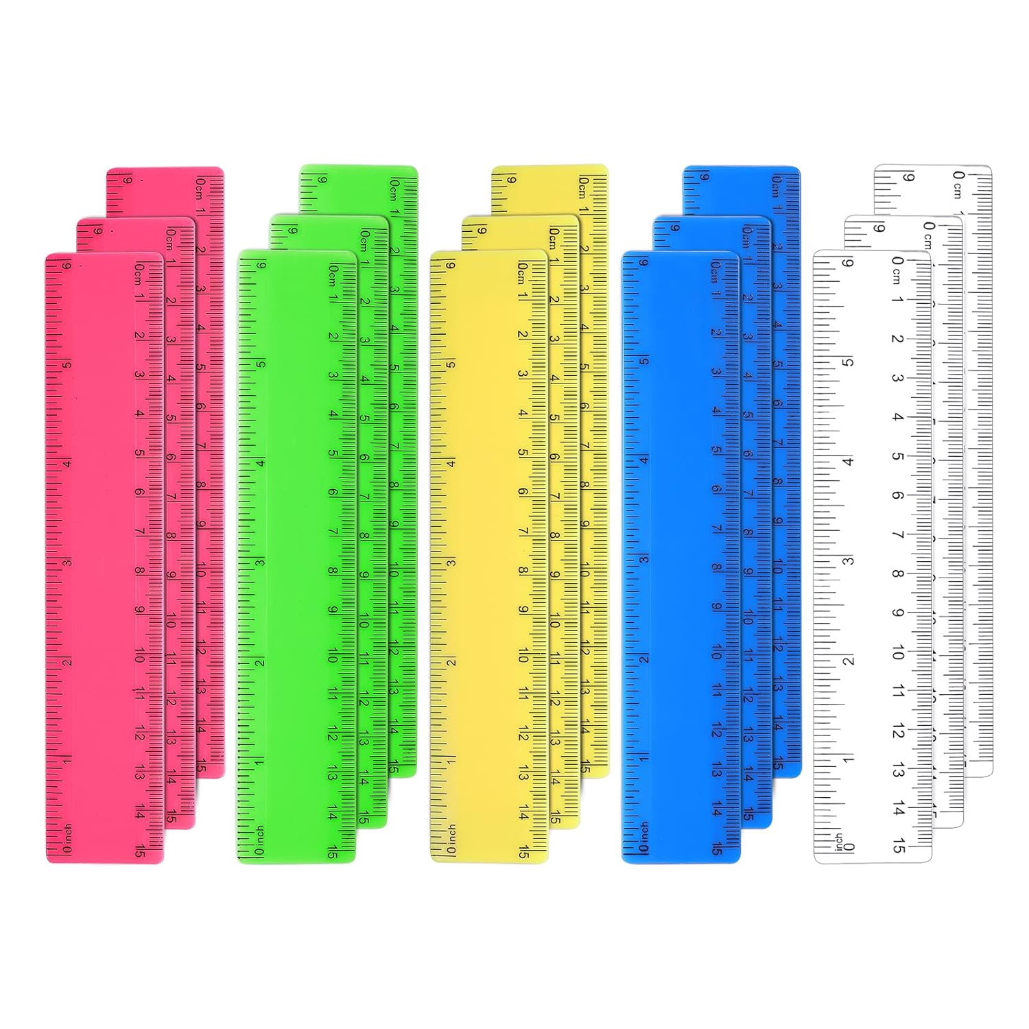 AIEX 15Pcs Color Transparent Ruler, 15Cm 6Inch Straight Ruler with Centimeters and Inches Plastic Multipack Rulers for School Classroom Home Office for Kids (Assorted Colors) image number 3