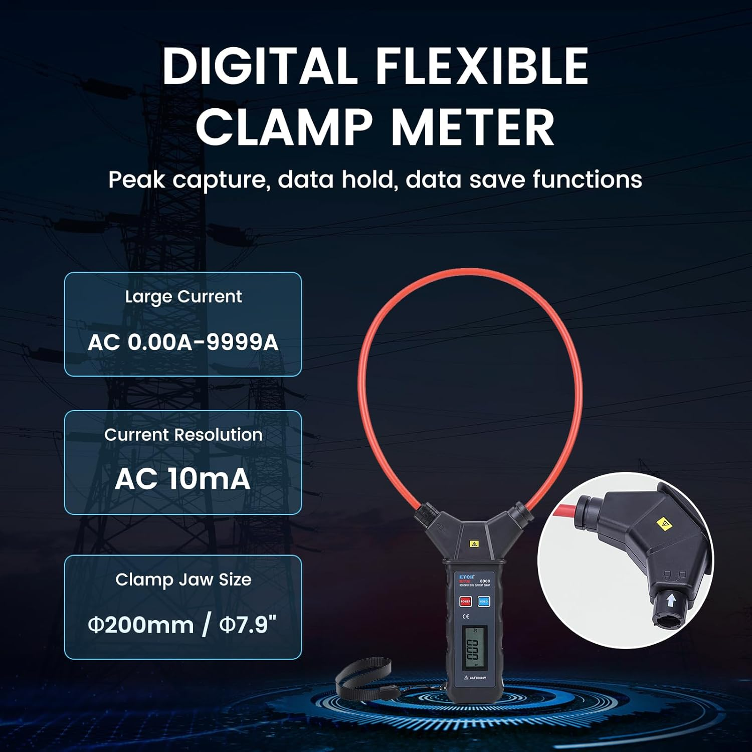 EITAI-ETCR6900 Digital Flexible Clamp Meter, AC 0.00A-9999A, &Phi;200Mm/7.9Inch, Manufacturer Direct Sales, Rogowski Amp Large Current, Leakage Current Clamp Meter image number 2