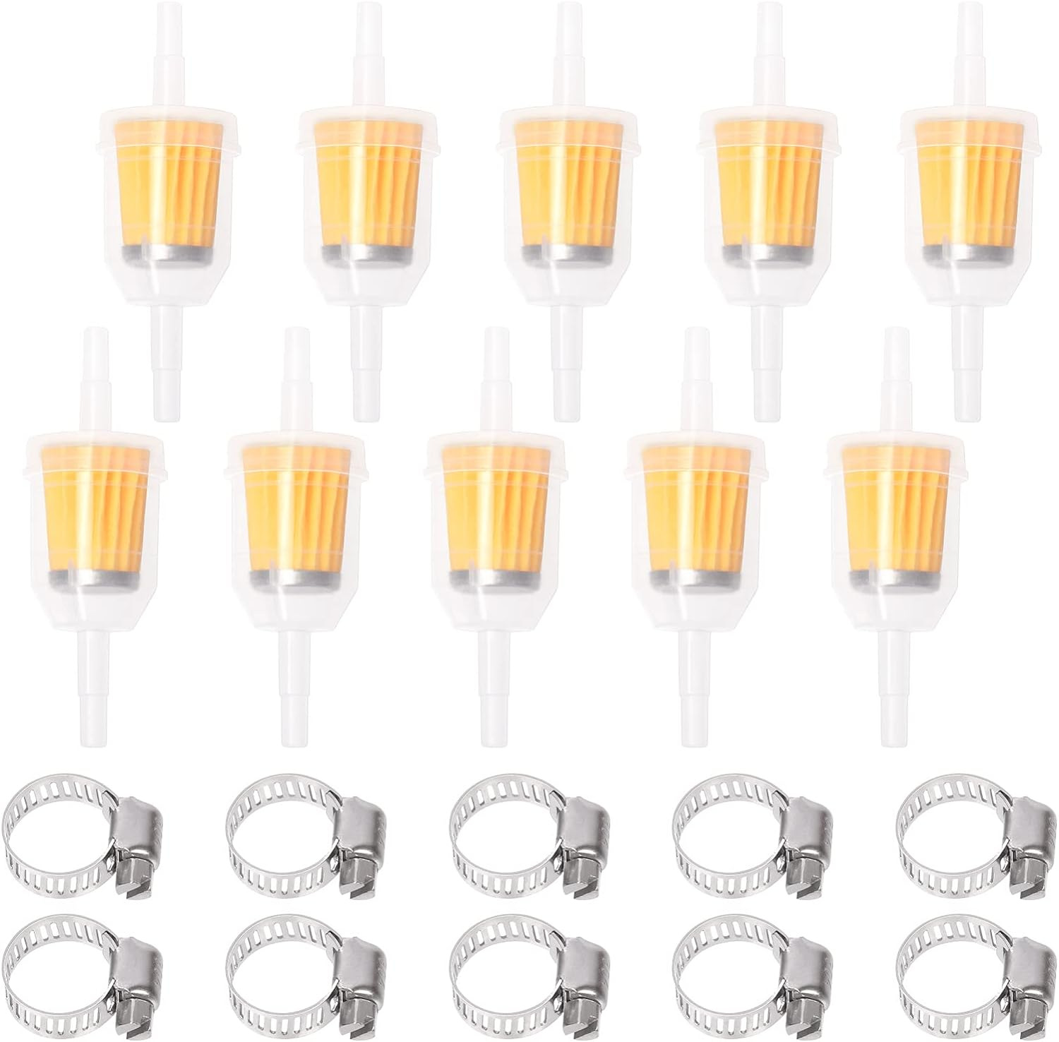 Glarks 20Pcs 1/4" X 5/16" Gas Inline Fuel Filters with Worm Gear Hose Clamps Assortment Kit for Most Small Engines Compatible with Kawasaki Kohler Briggs Stratton John Deere image number 1
