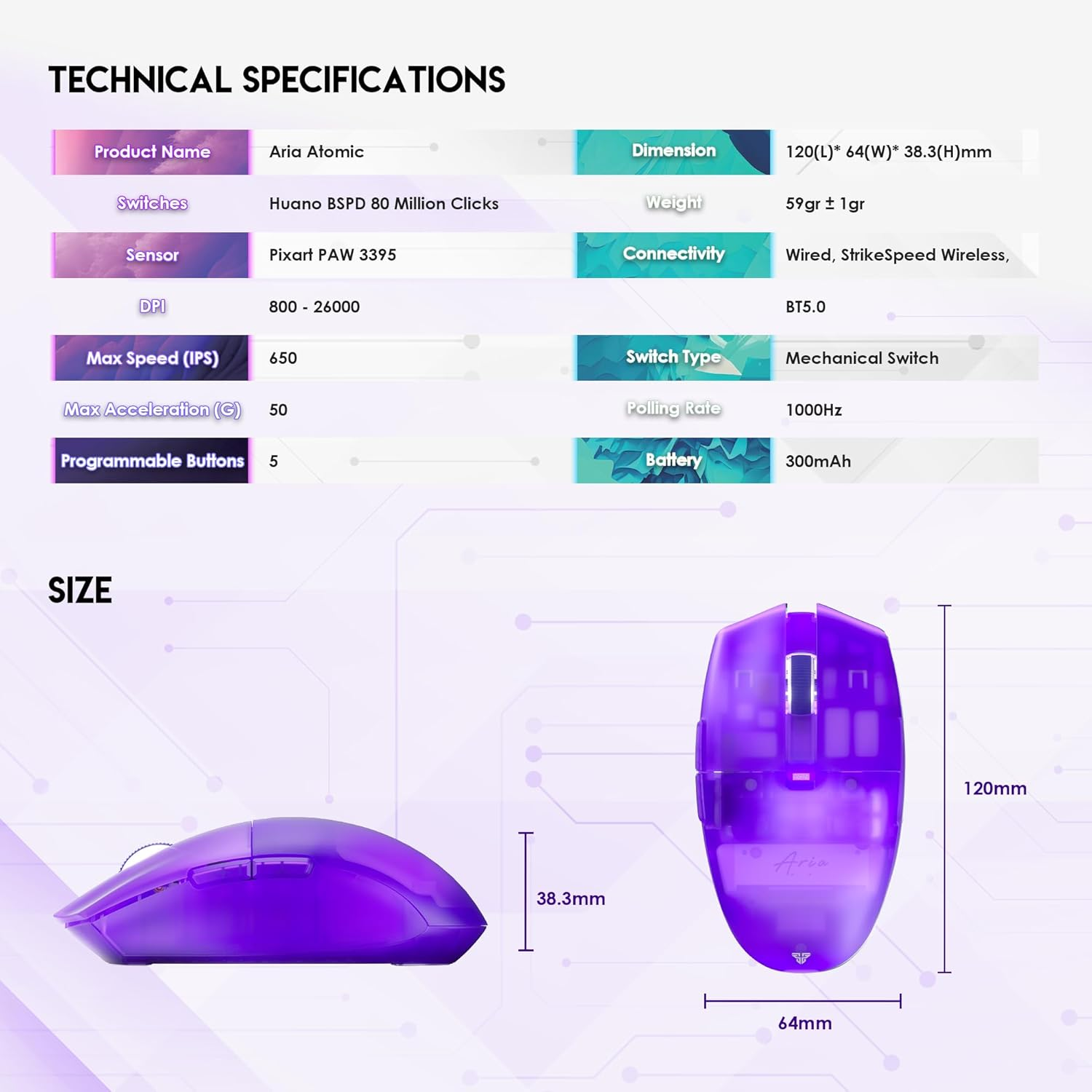 Fantech Aria XD7 Atomic Wireless Gaming Mouse, Tri-Mode Connection Pixart 3395 Gaming Sensor 26000 DPI, HUANO Switches, 59 Grams Lightweight Ambidextrous Egg Shape for PC & Laptop - Purple