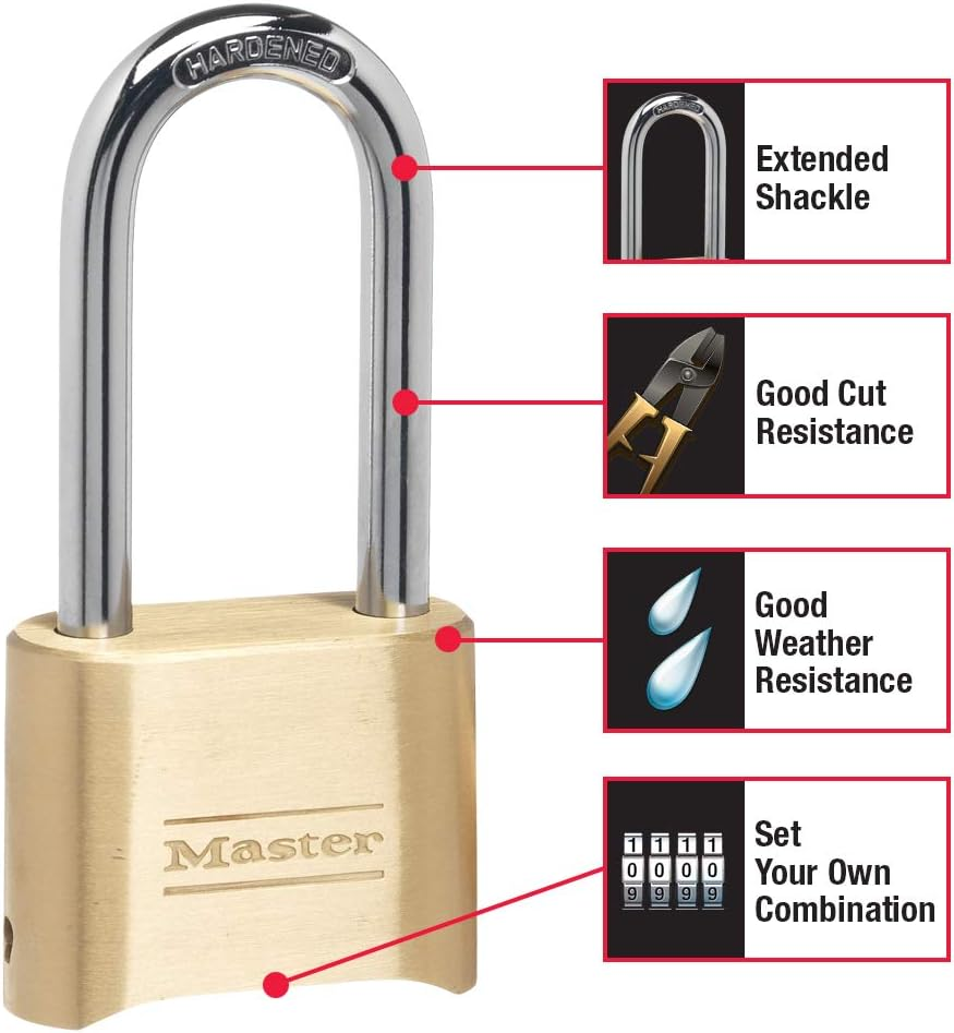 Master Lock Brass Combination Lock, Gate Lock for Outdoor Fence or Shed, Customizable Combination Padlock with Extended 2-1/4-Inch-Long Shackle, 2 Pack, 175LHEC2 image number 3