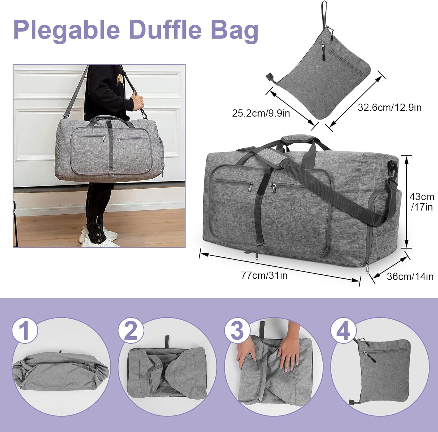 Travel Duffle Bag, Men'S Travel Bag, Waterproof Sports Bags for Women, with Shoe Compartment and Removable Shoulder Strap, for Gym Business Travel (Gray, 115L) image number 5