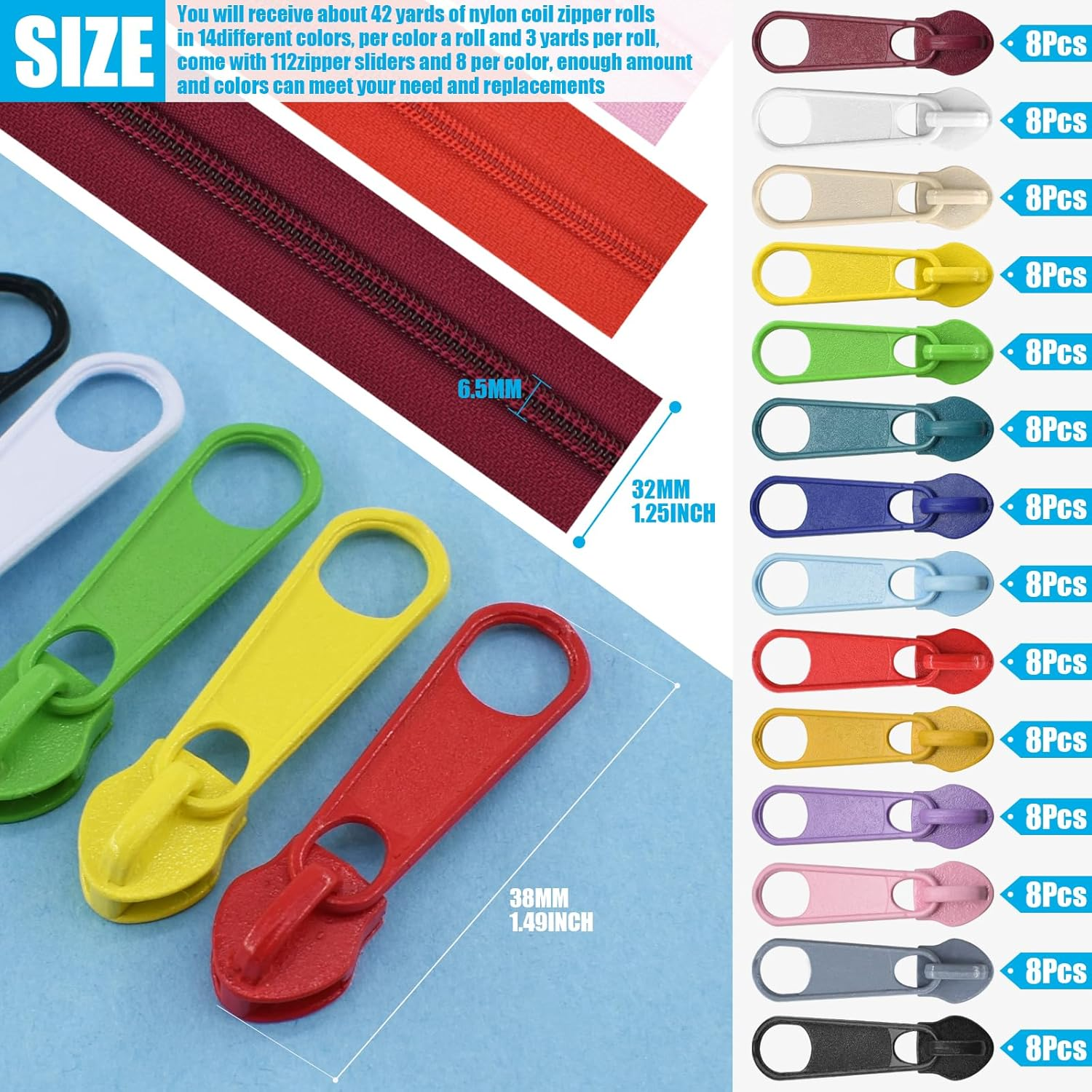 42 Yards 14Pcs Zippers by 5 Nylon Coil in Assorted Colors with 112 Zipper Sliders Pull Head for DIY Tailor Sewing Crafts Supplies, 14 Color