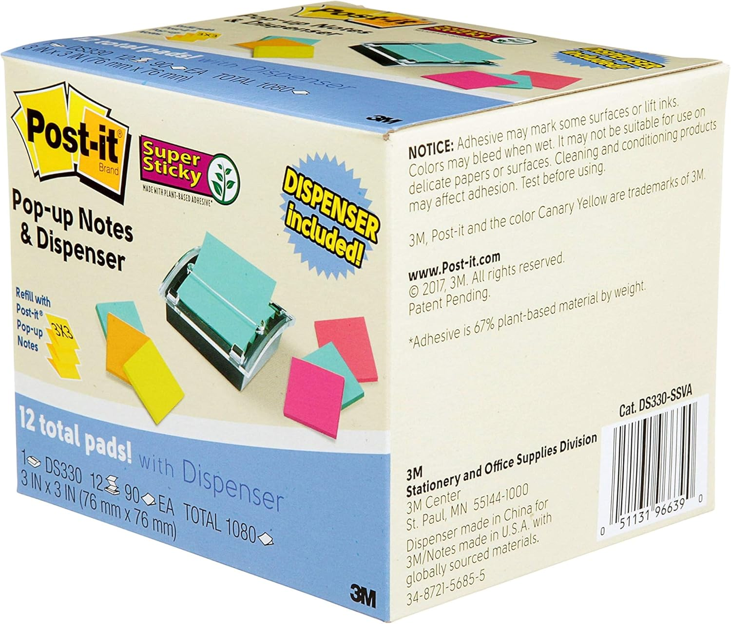 Post-It Pop-Up Notes Value Pack with Dispenser, Brights, 12 Pads per Pack, (DS330-SSVA)