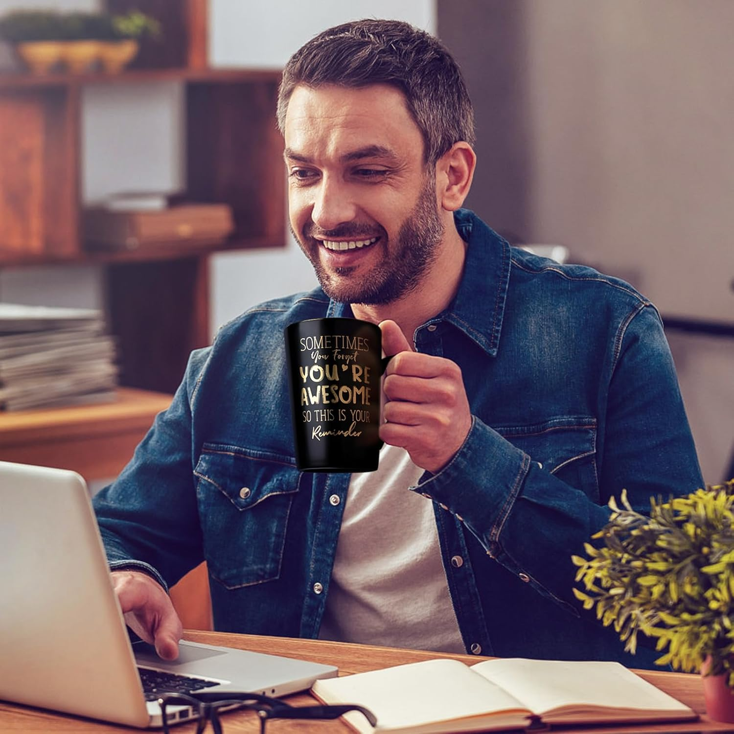 Birthday Thank You Gifts for Men, Sometimes You Forget You'Re Awesome - 14Oz Unique Black Ceramic Inspirational Coffee Mug with Gold Print, Presents for Friends Husband Employee Coworker, Gift Boxed image number 1