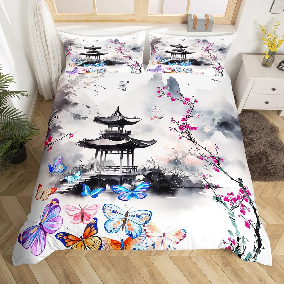 Manfei Chinese Style Duvet Cover Set Twin Size, Watercolor Butterfly Flower Comforter Cover with 1 Pillowcase, Ink Painting Mountain Bedding Set 2Pcs for Kids Boys Girls Lightweight Bedspread Cover image number 2