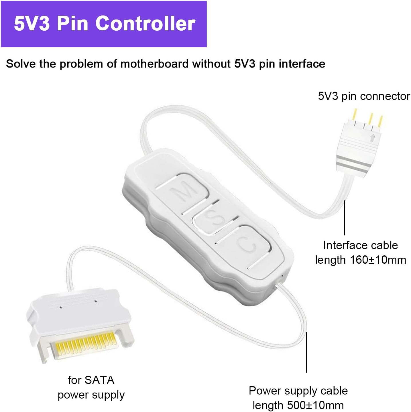 EVGATSAUTO ARGB Controller, 5V 3 Pin Power Supply Computer Hardware PC Components Desktop Accessories for PC Fans Coolers Light Strips (White)