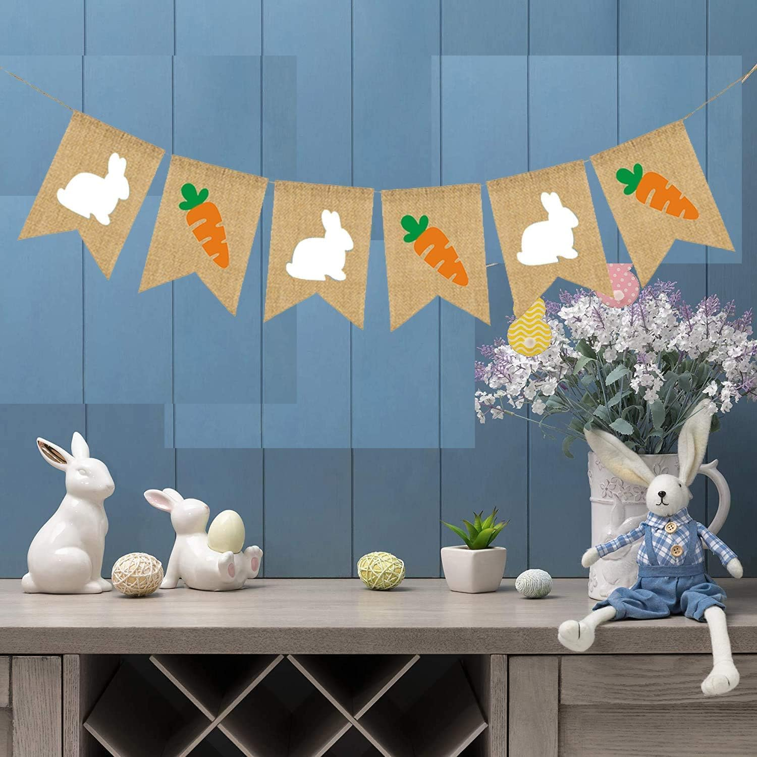 Easter Burlap Banner, Easter Bunny Garland Design, Easters Banner for Home Office School and Carrot Garland Decorations Outdoor Party Supply image number 3