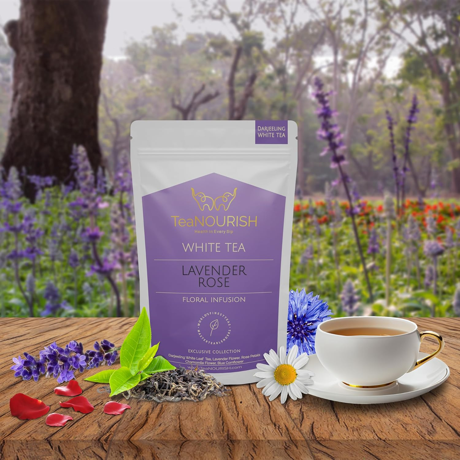 Teanourish Lavender Rose White Tea | Darjeeling Silver Needles White Loose Leaf Tea Blended with Lavender, Rose Petals, Chamomile & Blue Cornflower - 50 G image number 4