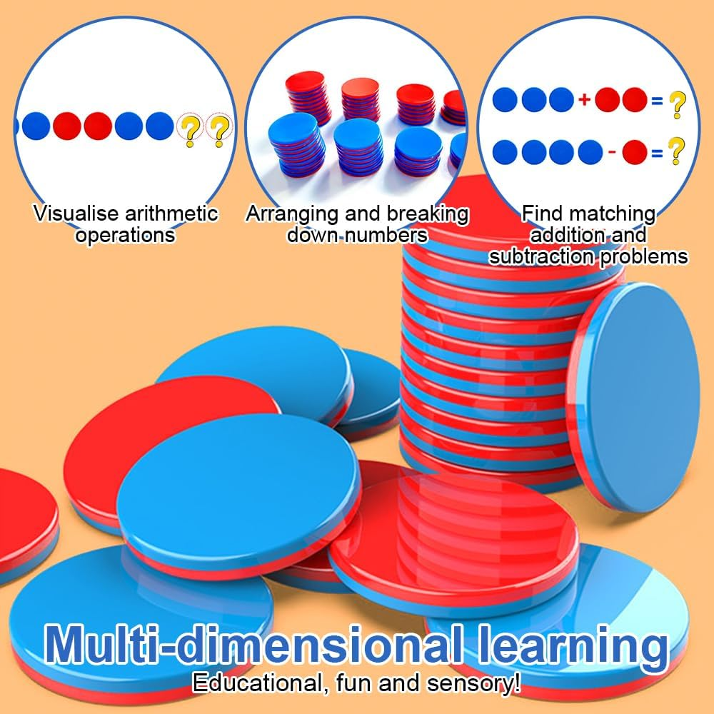 Pack of 100 Reversible Plates Red Blue Plastic for Maths Calculation Aid, Calculation Plates, Counting Chips for Children'S Hands, Mathematics Reversible Plates for Primary School, Learning Aid image number 4