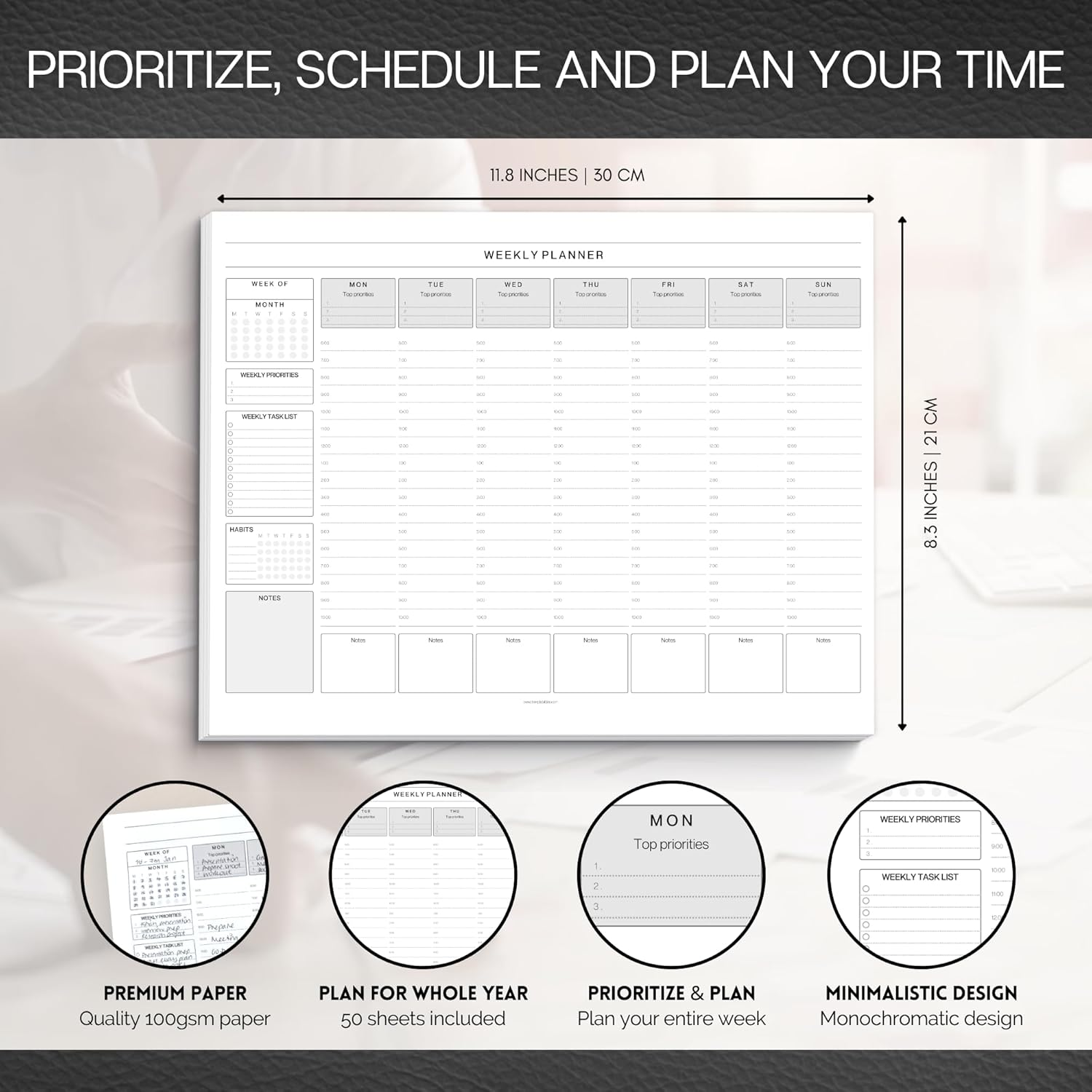 Weekly Hourly Planner Notepad, Daily Planner Desk Pad, Weekly Schedule, to Do List Note Pad, ADHD Planner | 50 Undated Tear Away Sheets A4 | Mono