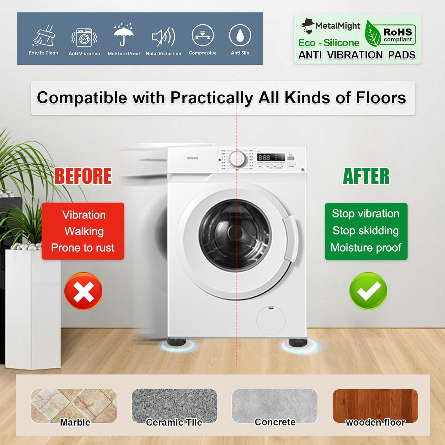 Metamight Universal Anti-Vibration Pads for Washing Machine,2.8" Dia,4-Pack.Eco-Silicone,Rohs-Certified. Sturdy&Non-Slip,Great for Shock Absorption. Fit Fridge,Dryer,Dishwasher Legs Stabilizer Damper image number 4